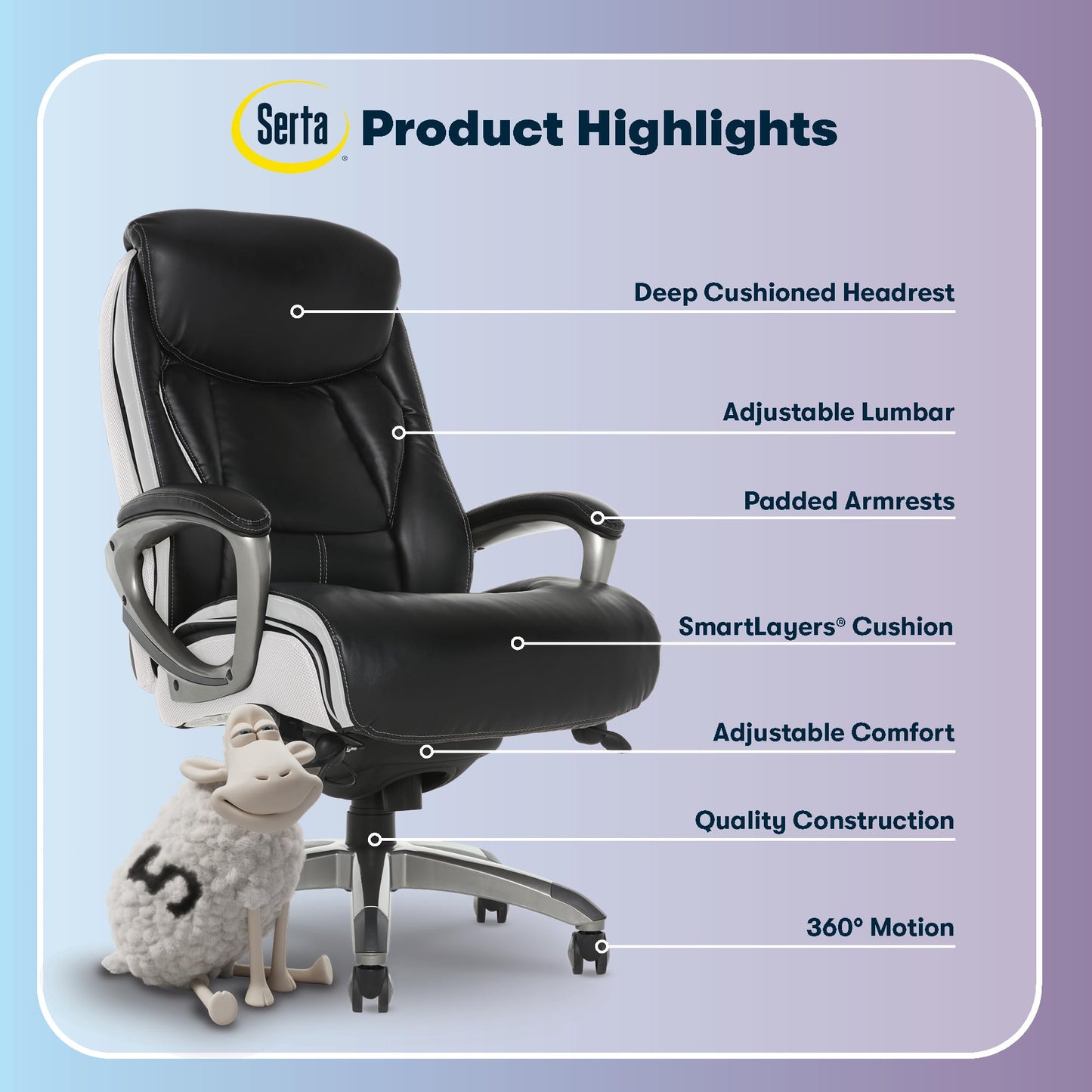Serta® Lautner Executive Home Office Desk Chair, Ergonomic High-Back with Adjustable Lumbar and Body Pillows, SmartLayers™ and ComfortCoils® Technology, Mesh and Bonded Leather, Black and White