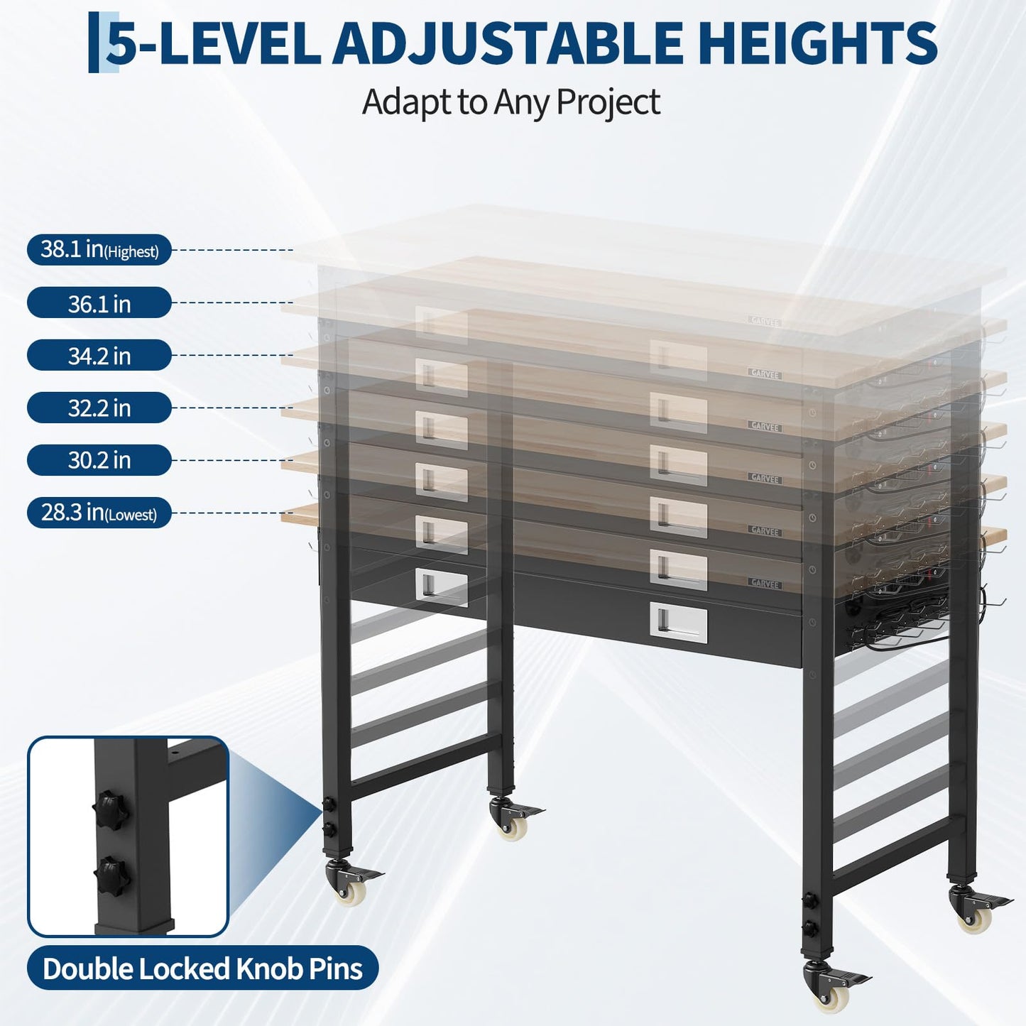 Garvee 48x24 Inch Workbench with Drawer, 6-Level Adjustable Height, 2000 lb Load Capacity, Solid Rubberwood Top, ETL Power Outlets, Swivel Casters, Pegboard & Hooks for Garage
