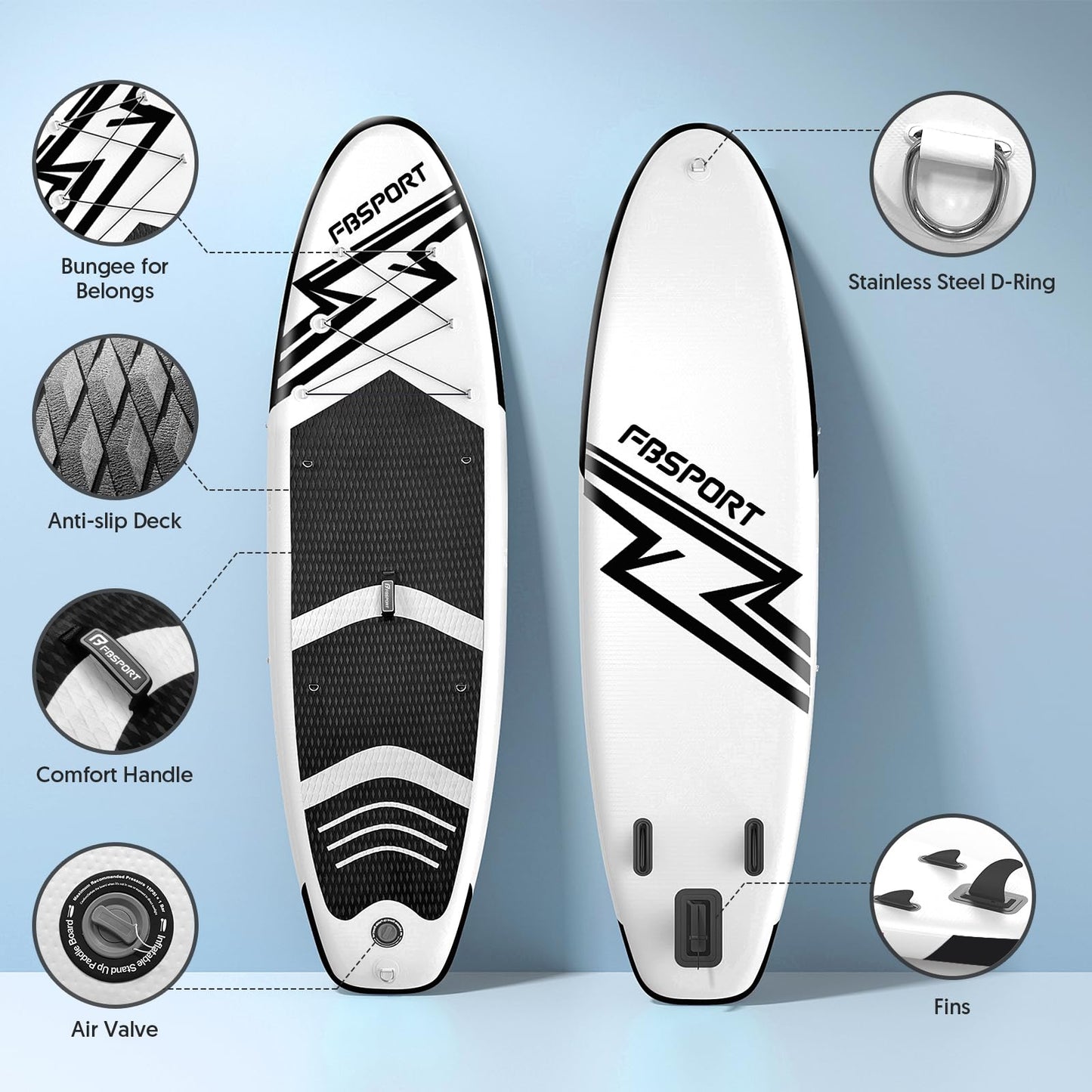 FBSPORT 11' Premium Stand Up Paddle Board, Yoga Board with SUP Accessories & Carry Bag | Wide Stance, Surf Control, Non-Slip Deck, Leash, Paddle and Pump for Youth & Adult (Black White)