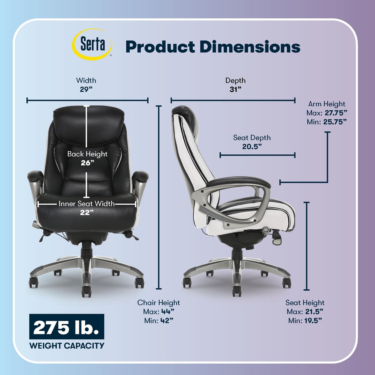 Serta® Lautner Executive Home Office Desk Chair, Ergonomic High-Back with Adjustable Lumbar and Body Pillows, SmartLayers™ and ComfortCoils® Technology, Mesh and Bonded Leather, Black and White