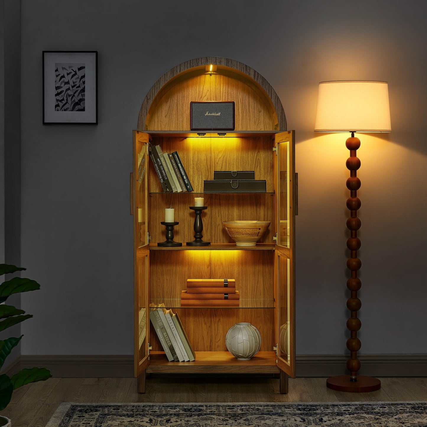 KEIKI 67" H Arched Display Storage Cabinet with Glass Doors, Adjustable Glass Shelf & LED Lights, Wood Retro-Style Curio China Collectibles Book Case Shelves Bookcase for Living Room, Home Office