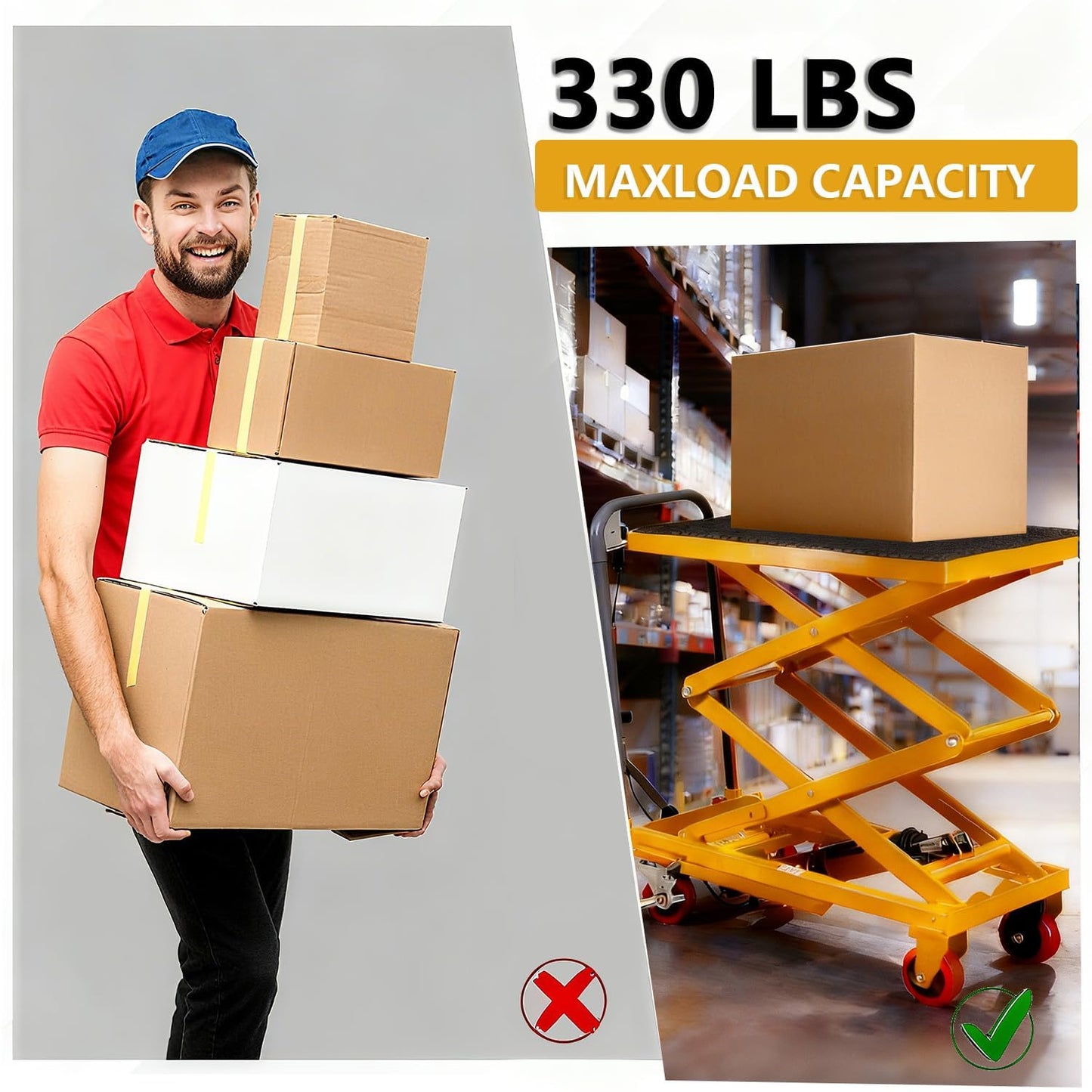Hydraulic Lift Table Cart, 330lbs Capacity 50" Lifting Height, Double Scissor Lift Table with Non-Slip Pad for Material Handling & Transportation (Yellow, 330LBS-Double Scissor)