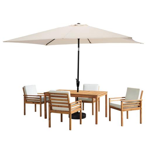 Alaterre Furniture Okemo 6 Piece Outdoor Dining Set with Umbrella - Solid Acacia Wood Outdoor Furniture Set with 63” Patio Table, 4 Patio Chairs and 10ft Rectangular Beige Umbrella