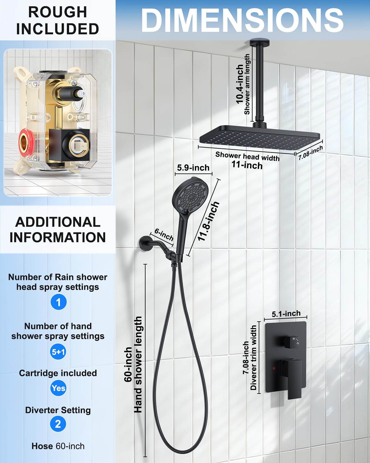 11" Matte Black Rainfall Shower System – Complete Spa Faucet Set with Filtered Handheld Sprayer & Mixer Valve – Modern High Pressure Bathroom Fixture Trim Kit