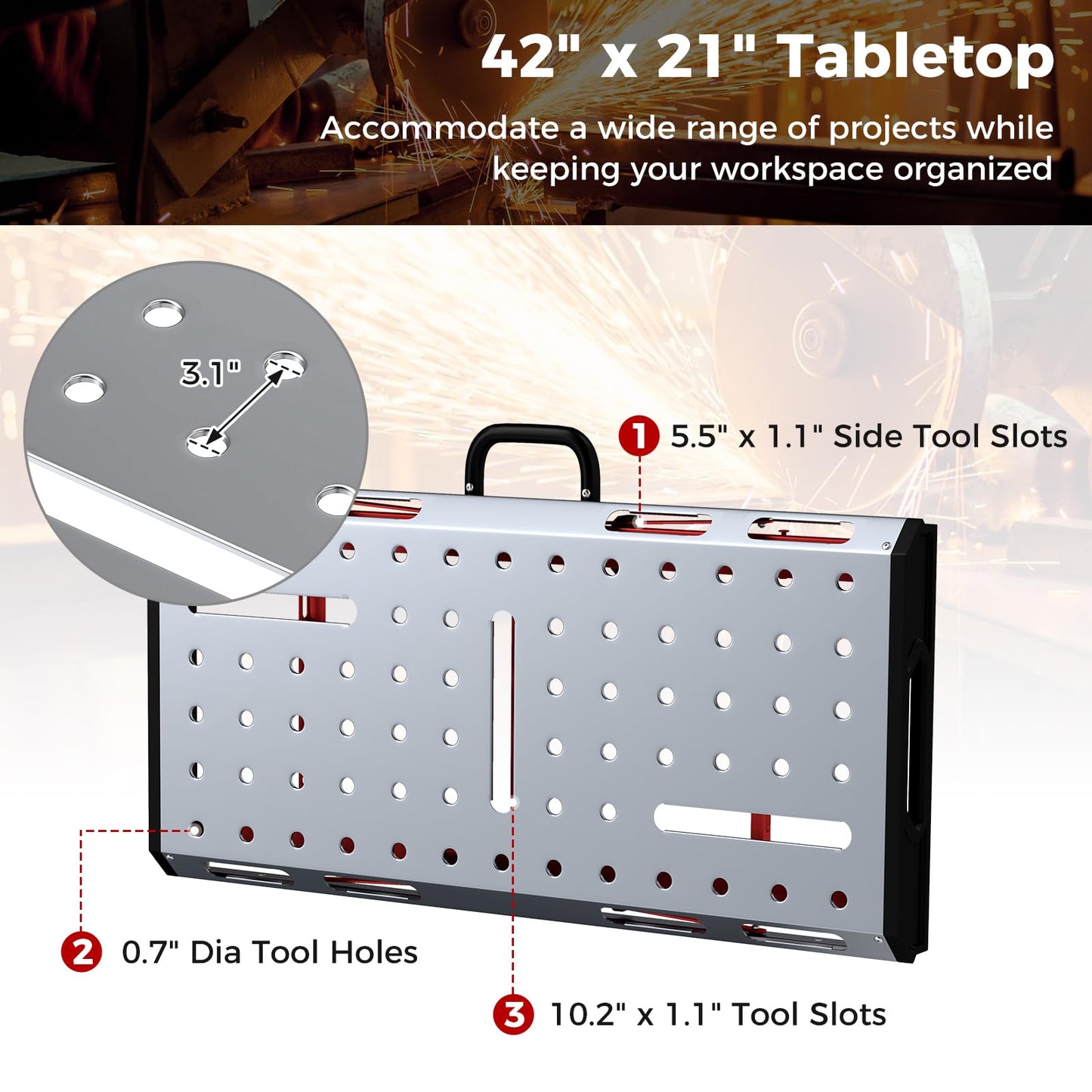 Goplus Portable Welding Table, 42" x 21" Folding Height Adjustable Weld Table Top w/1000LBS Capacity, 2 Bar Clamps, 8 Tool Slots, Handle, 0.7” Holes, Heavy-Duty Workbench Fixture Table for Garage