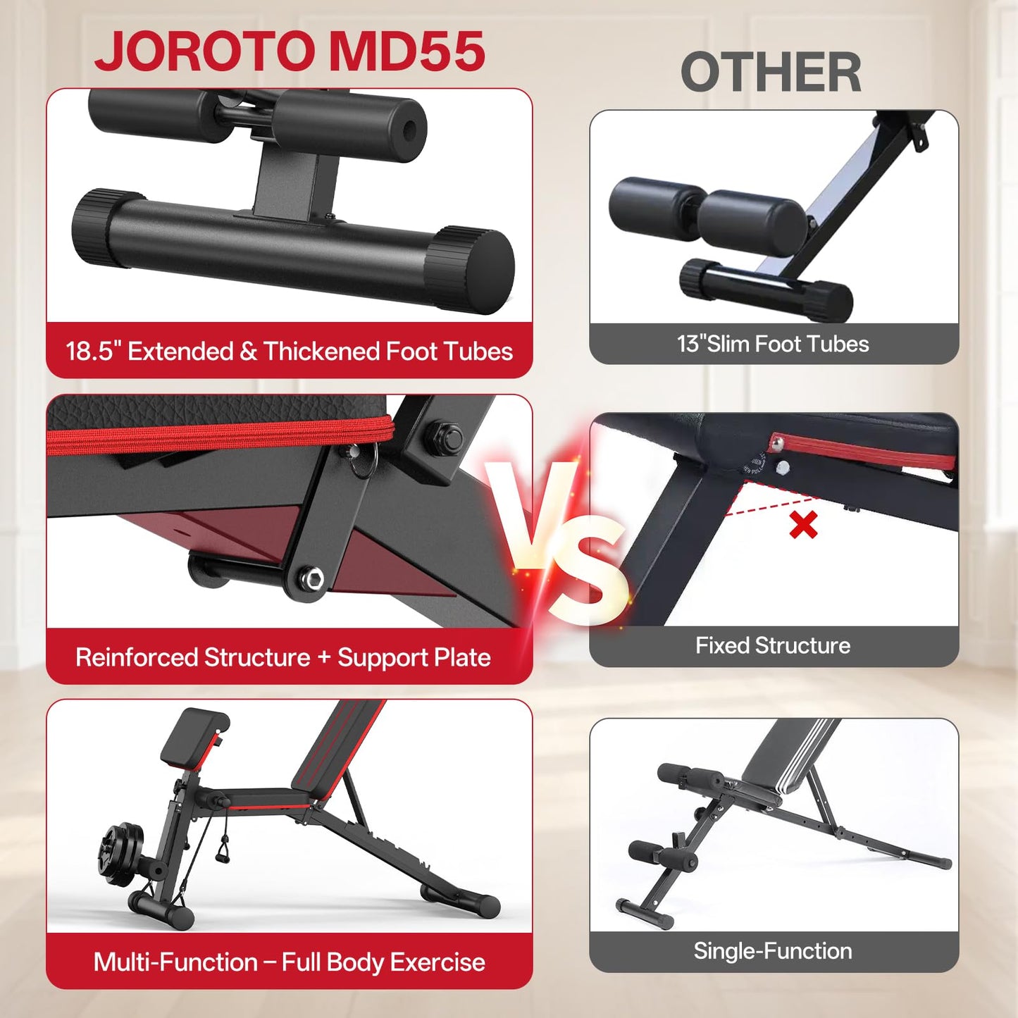 JOROTO Adjustable Weight Bench for Home Gym, 1000 LBS Foldable Incline Decline Flat Workout Bench with Leg Extension & Back Extension, Exercise Preacher Curl Bench for Full Body Training, Red MD55