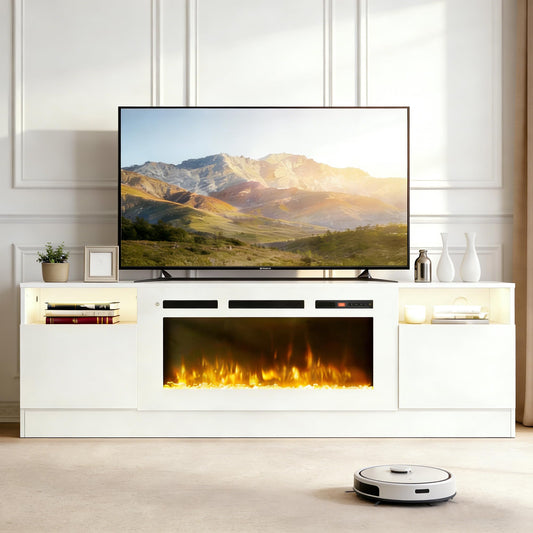 OneBlis 80" Fireplace TV Stand for TVs Up to 90",Entertainment Center with 36” Electric Fireplace and 12 Colors LED Lights,Large TV Console with Storage Cabinet for Living Room,All White