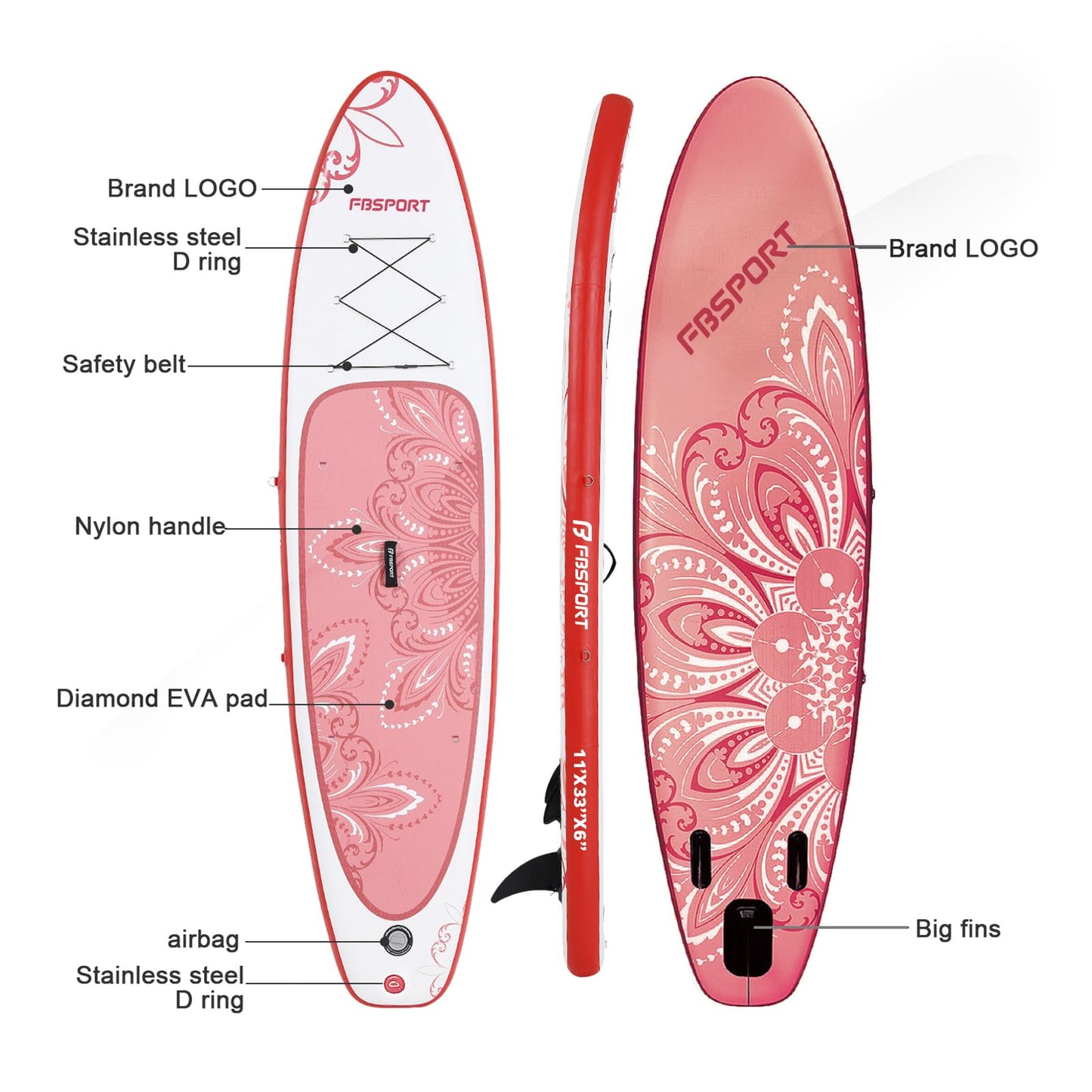 FBSPORT 11' Premium Stand Up Paddle Board, Yoga Board with SUP Accessories & Carry Bag | Wide Stance, Surf Control, Non-Slip Deck, Leash, Paddle and Pump for Youth & Adult (PinkWhite)