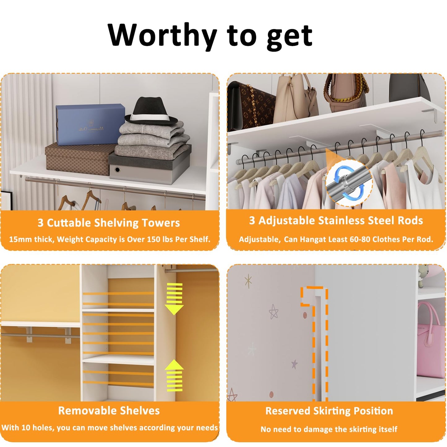 secilix Closet System with Drawers, 5-8FT Closet Organizer Systems with Expandable Hanging Rods, 91.36" Closet Shelving Systems for Walk in Closets, Heavy Duty Wall Mount Closet Systems-White
