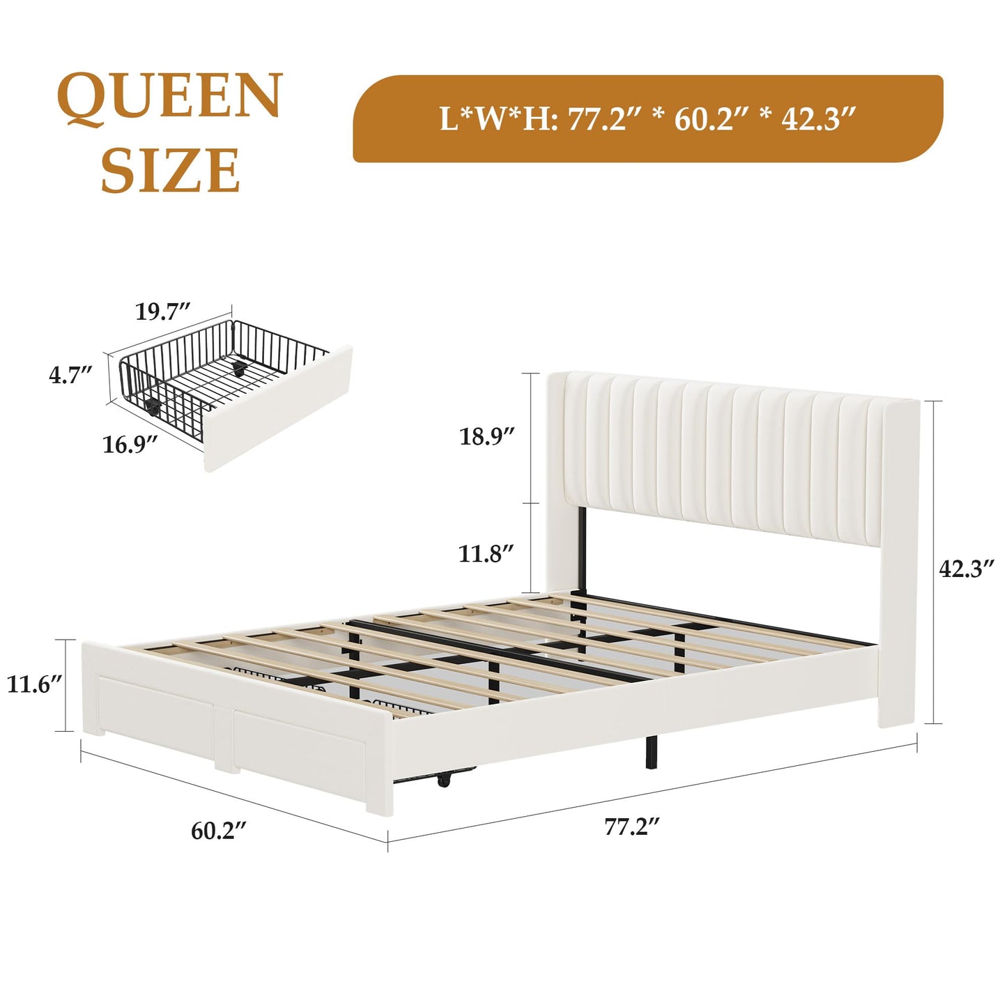 GarveeHome Queen Size Bed Frame, Bed Frame Upholstered Platform Bed with Velvet Headboard, Wing Edge Design, 2 Storage Drawers, No Box Spring Needed, Beige