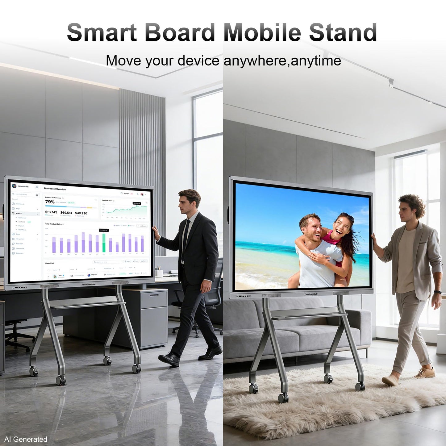 Smart Board Stand with Camera Tray Fits 42"-75" Screens, Interactive Whiteboard Stand with 360° Rotating Wheels Holds 300LBS, Height Adjustable,Mobile Stand for Home, Office & Classroom