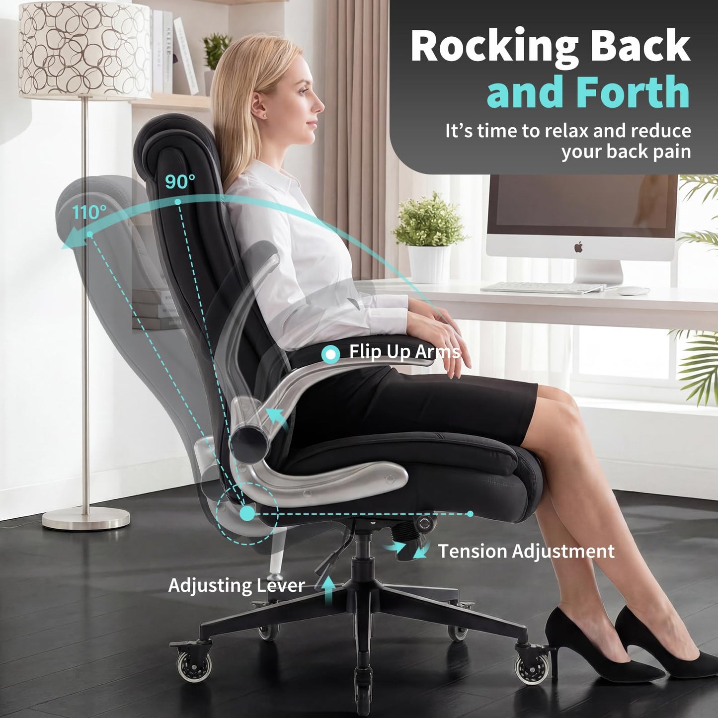 Fabric High Back Office Chair with Lockable Quiet Casters, Thick Padded Ergonomic Computer Chair- Adjustable Lumbar Support & Flip-Up Arms, Wide Executive Desk Chair for Back Pain, 400LBS Capacity