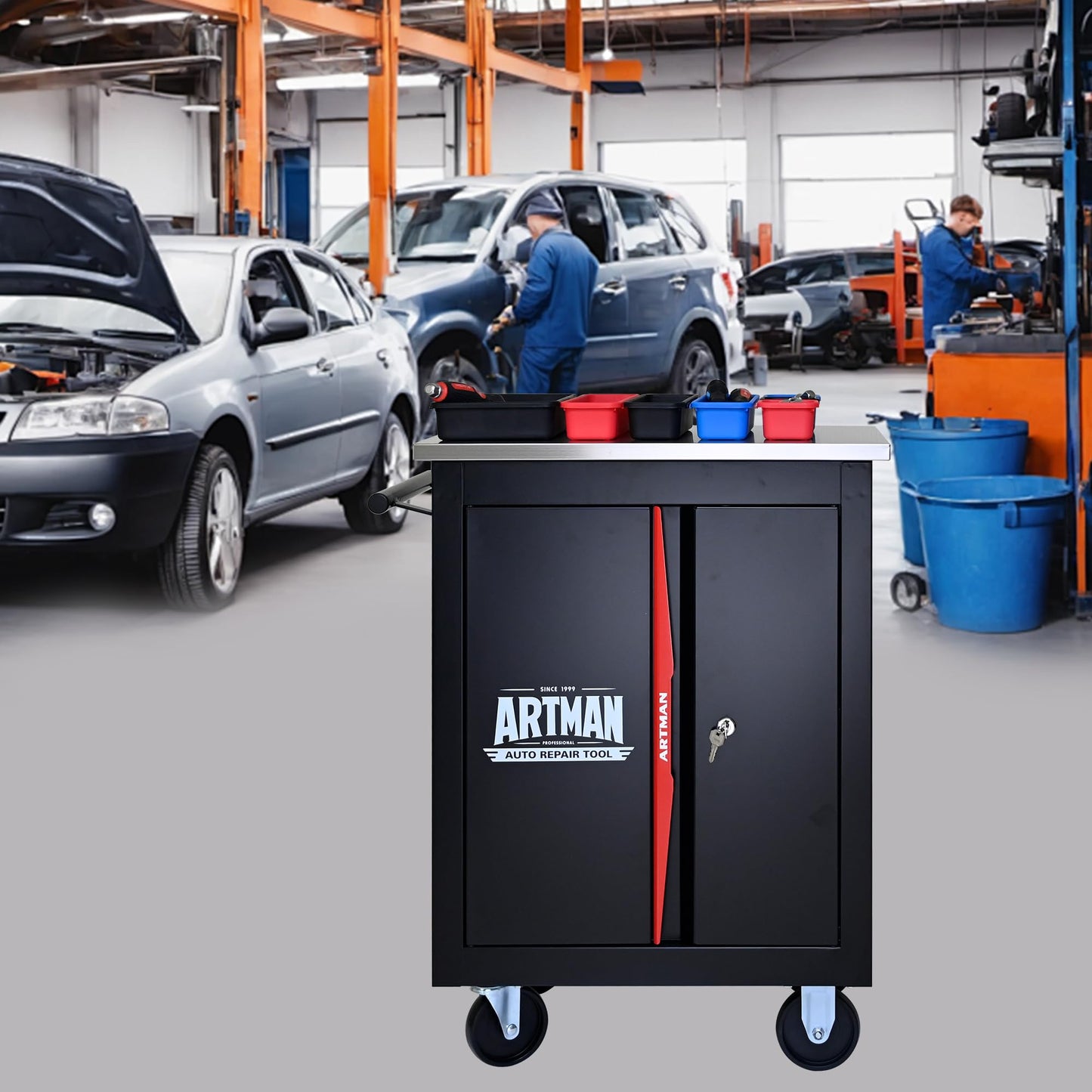 KEIKI Double Door Tool Cart with Storage Shelf, Rolling Metal Tool Cabinet with Lockable Wheels, Multi-Function Garage Workshop Tool Organizer (Black&Red)