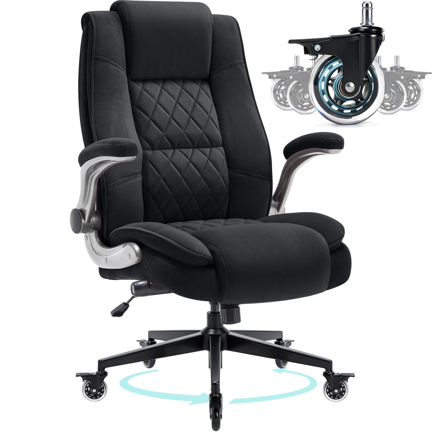 Fabric High Back Office Chair with Lockable Quiet Casters, Thick Padded Ergonomic Computer Chair- Adjustable Lumbar Support & Flip-Up Arms, Wide Executive Desk Chair for Back Pain, 400LBS Capacity