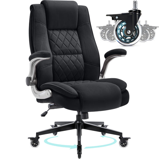 Fabric High Back Office Chair with Lockable Quiet Casters, Thick Padded Ergonomic Computer Chair- Adjustable Lumbar Support & Flip-Up Arms, Wide Executive Desk Chair for Back Pain, 400LBS Capacity
