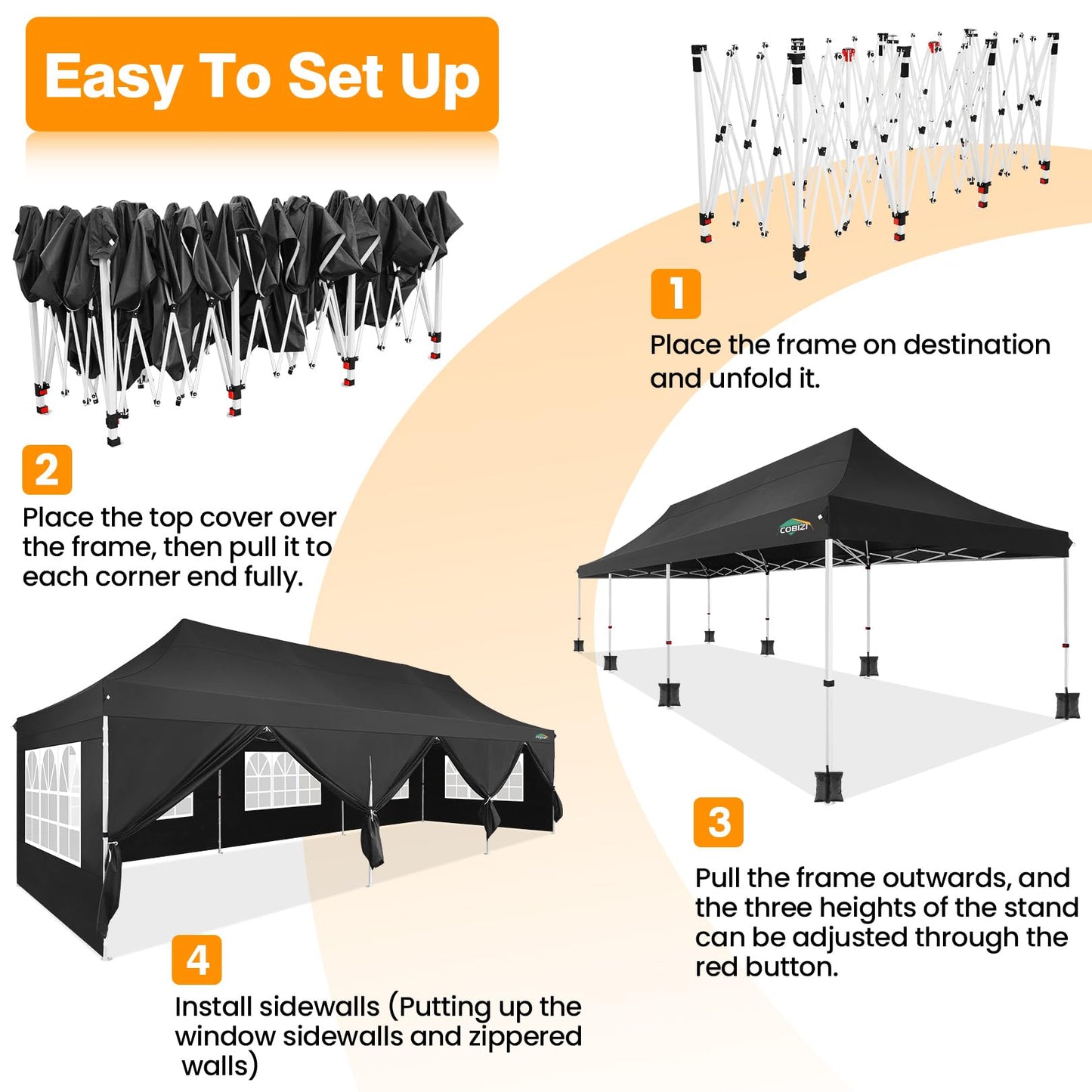 COBIZI 10x30 Pop up Canopy with Roller Bag & 8 Removable Sidewalls, Canopy Tent for Parties, Wedding, and Commercials, Waterproof and Instant Shelter UV50+ Outdoor Gazebo with 4 Sandbags(Pure Black)