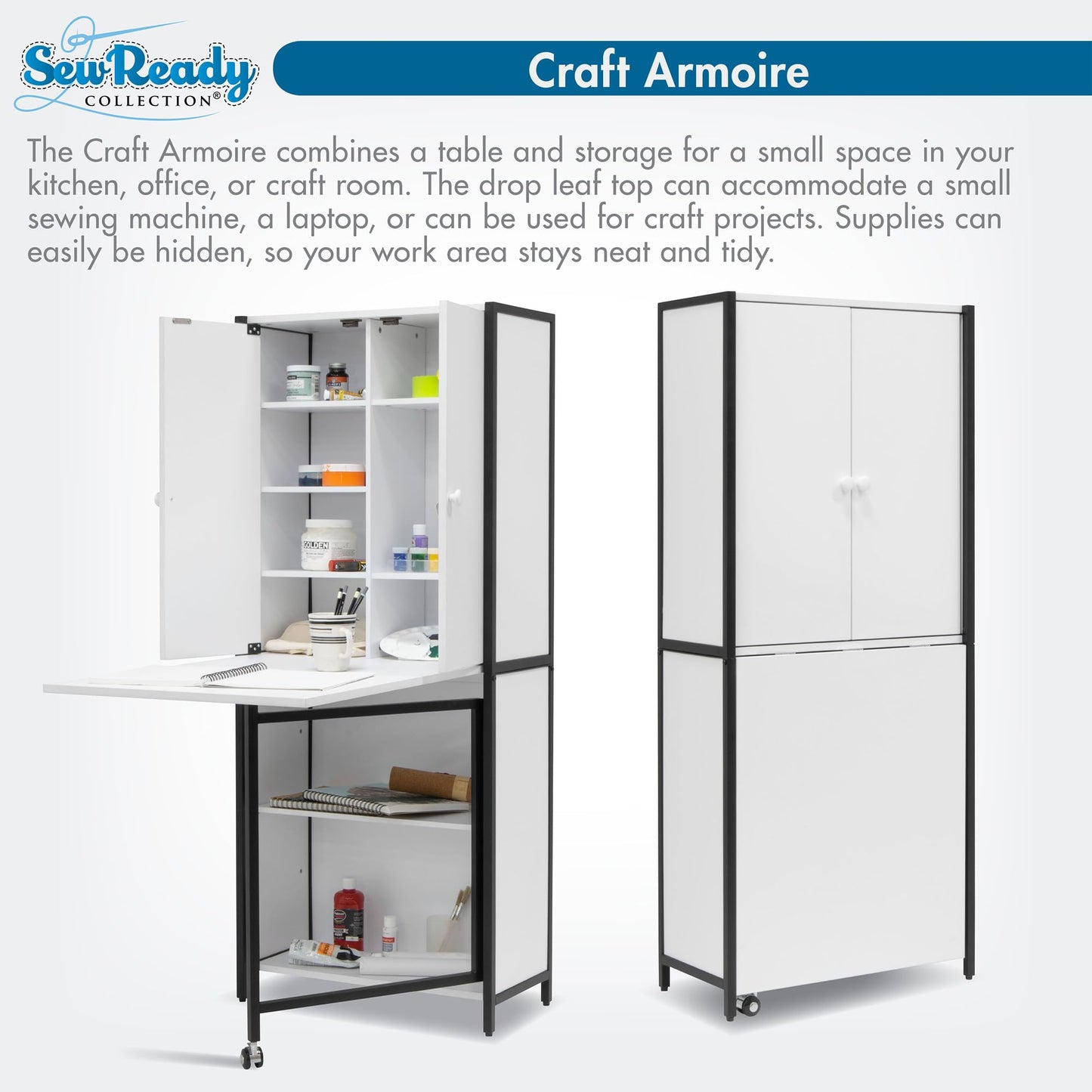 Sew Ready Folding Craft Armoire Cabinet, 59" Tall Multipurpose Workstation with Drop-Leaf Table and Powder-Coated Steel Frame, Charcoal/White