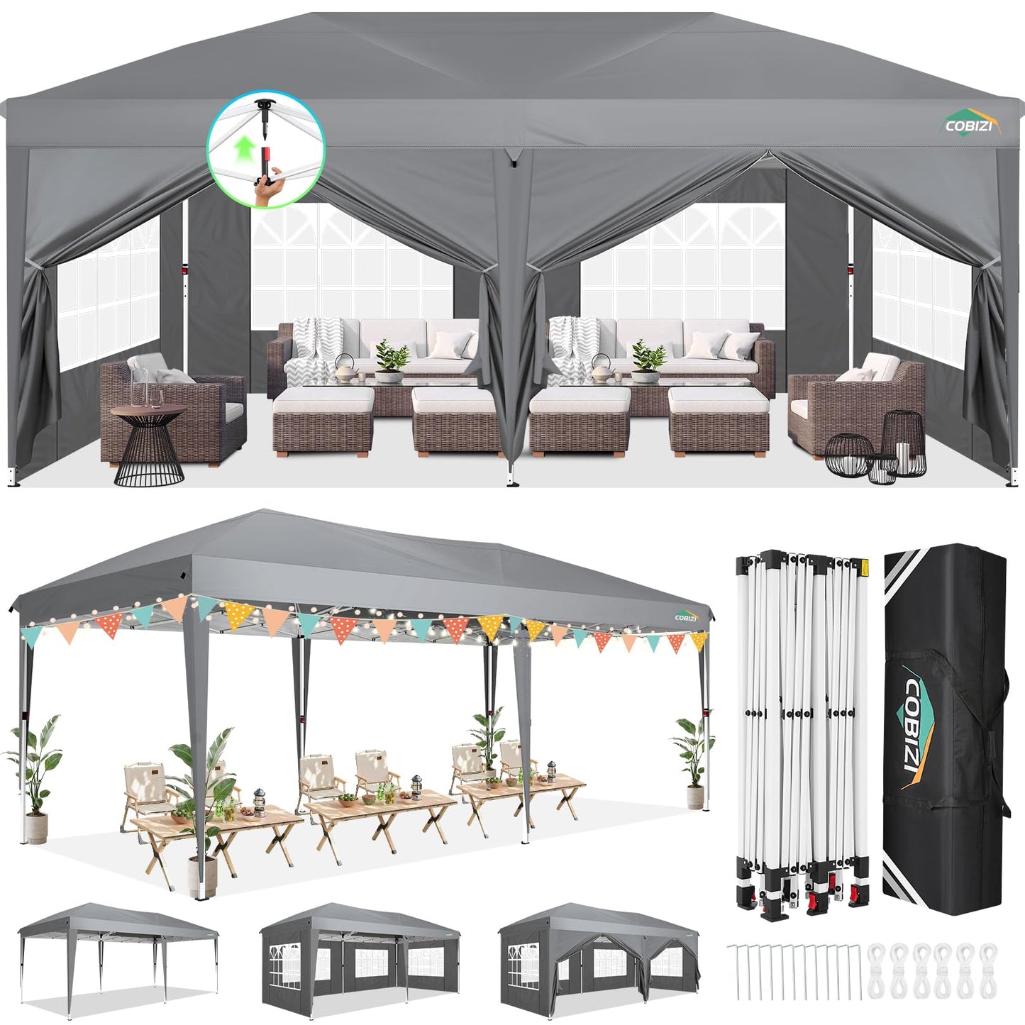 COBIZI 10x20 FT Pop up Canopy Tent with Sidewalls, Party Tents for Parties, Carpas para Fiestas, Easy Set Large Outdoor Popup Patio Gazebo for Backyard,Weddings,Vendor,Commercial Event,Gray (Upgrade)