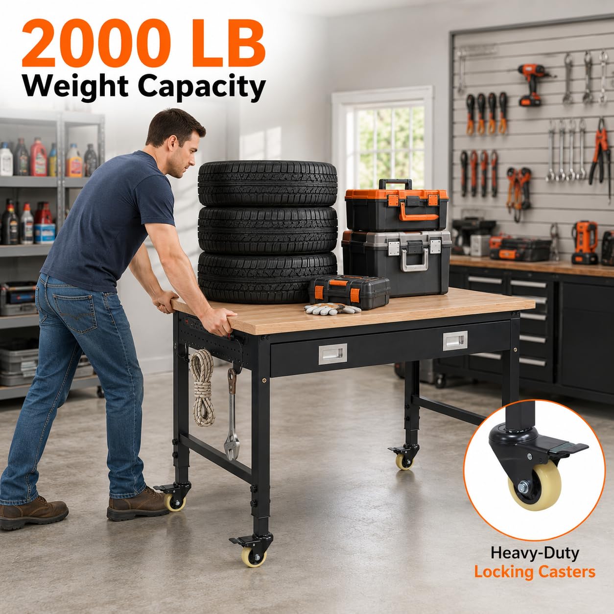 48"x24"x1.2" Heavy Duty Adjustable Workbench with Rubber Wood Top, Drawer Storage, 9 ft Power Strip, 2000 LBS Load Capacity, Lockable Wheels, ETL Certified, Black Garage & Workshop Table