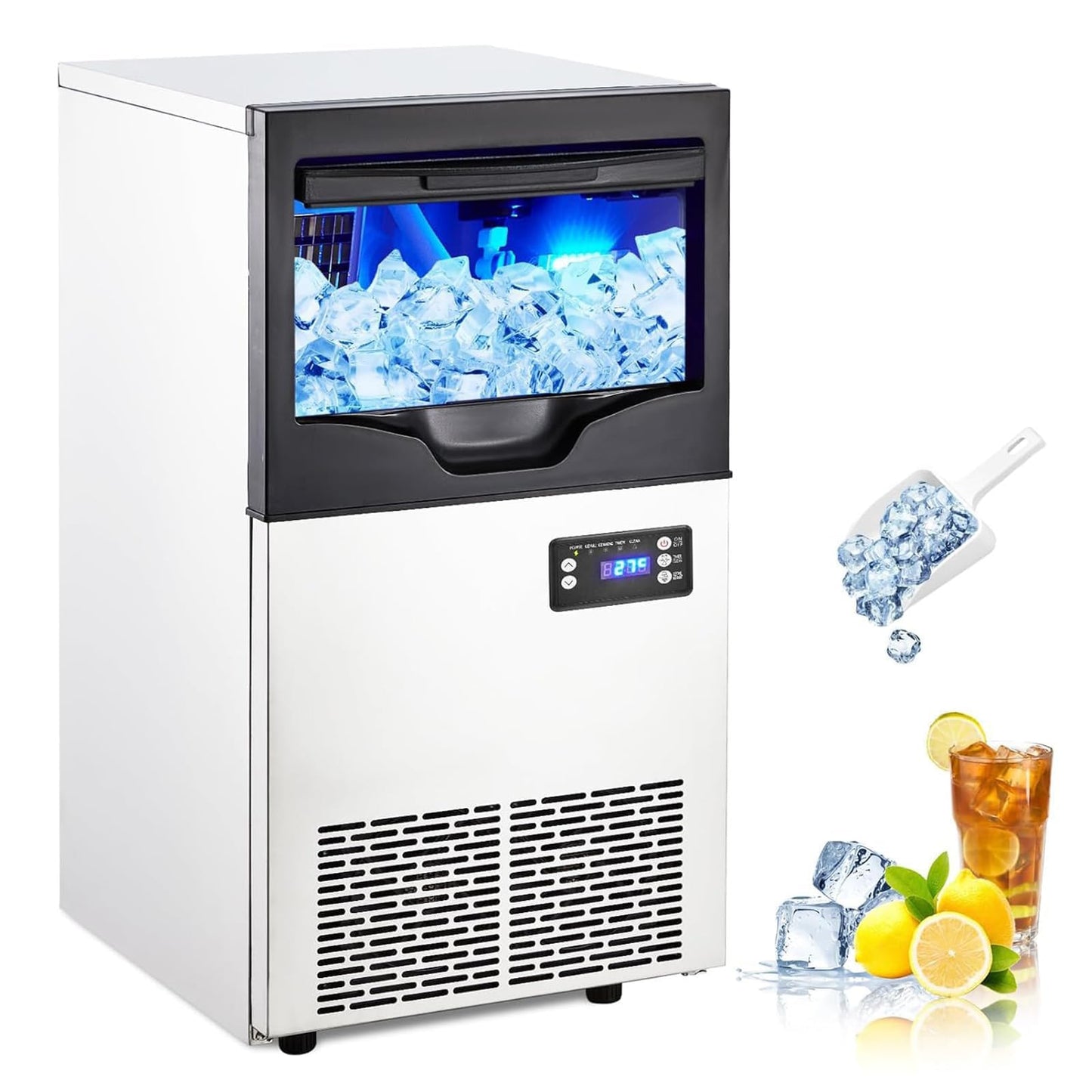 GarveeHome 100 LBS/24Hrs Commercial Ice Maker, 100 LBS Storage, Under Counter/Freestanding, LCD Controller, Self-Cleaning, Stainless Steel for Restaurants/Bars/Kitchens