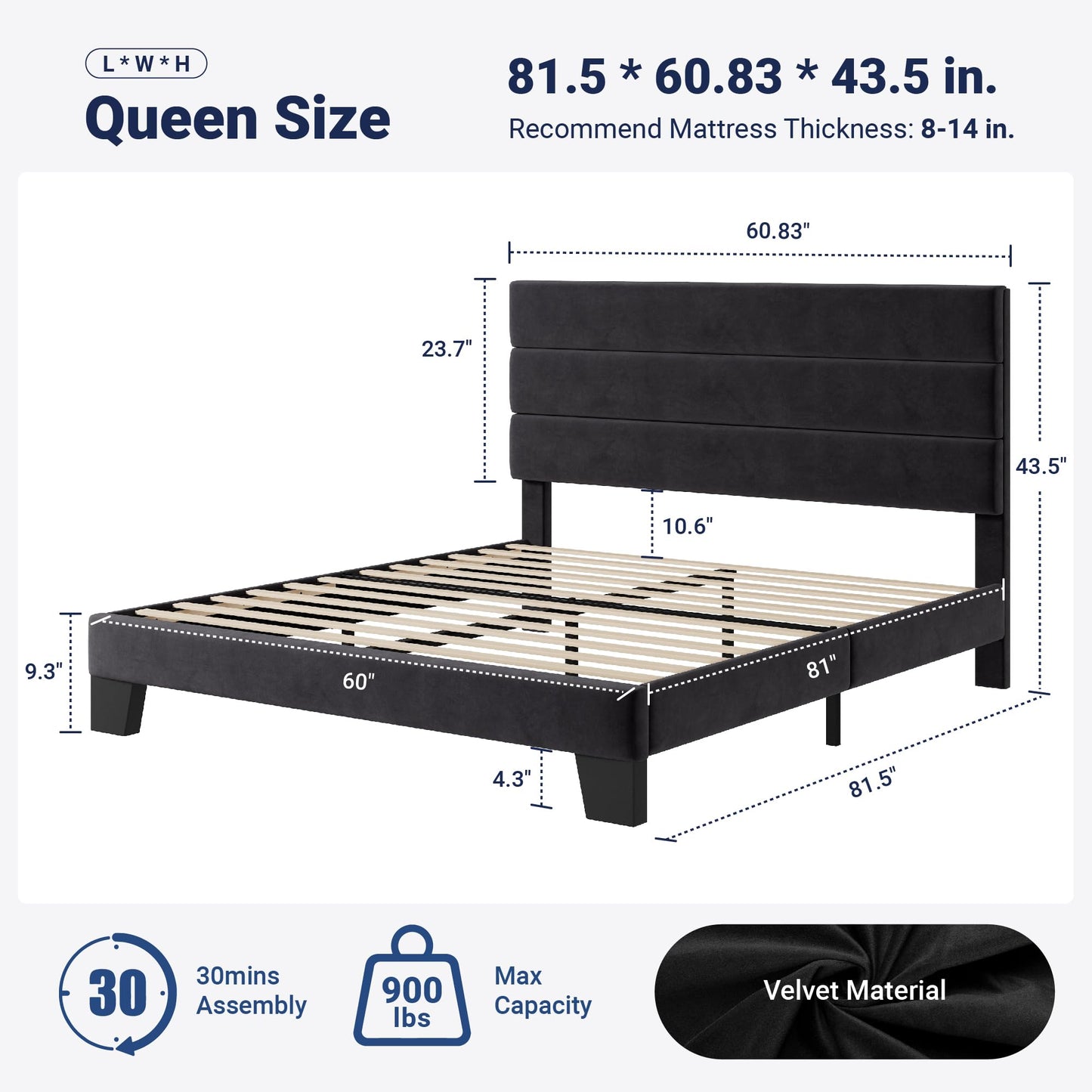 Allewie Queen Size Platform Bed Frame with Velvet Upholstered Headboard and Wooden Slats Support, Fully Upholstered Mattress Foundation/No Box Spring Needed/Easy Assembly, Black