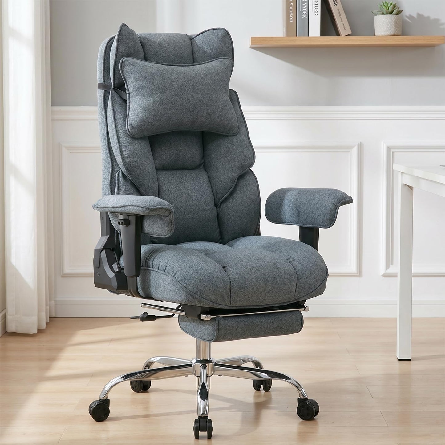 mokodo Ergonomic Office,Fabric Executive Desk Chair with Pocket Spring Cushion, 155° Reclining Computer Chair, Big and Tall Heavy Duty Seat with Adjustable Headrest & Lumbar Support (Dark Blue)