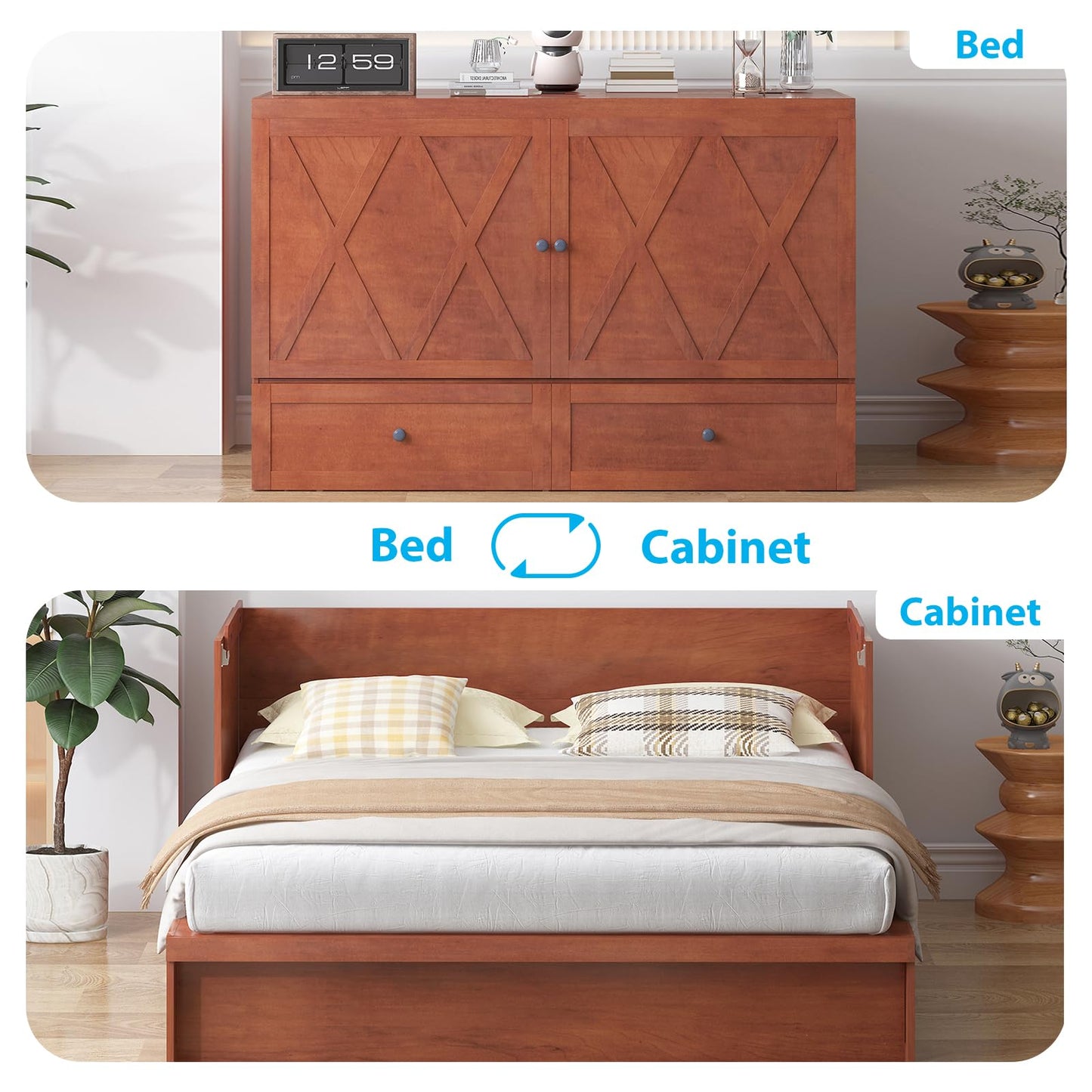 Mjkone Murphy Bed, Queen Hidden Cabinet Bed with Built-in USB Charging Station and 2 Storage Drawers, Murphy Wall Beds Cabinet Beds for Living Room, Guest Room, Apartment, Brown (No Mattress)