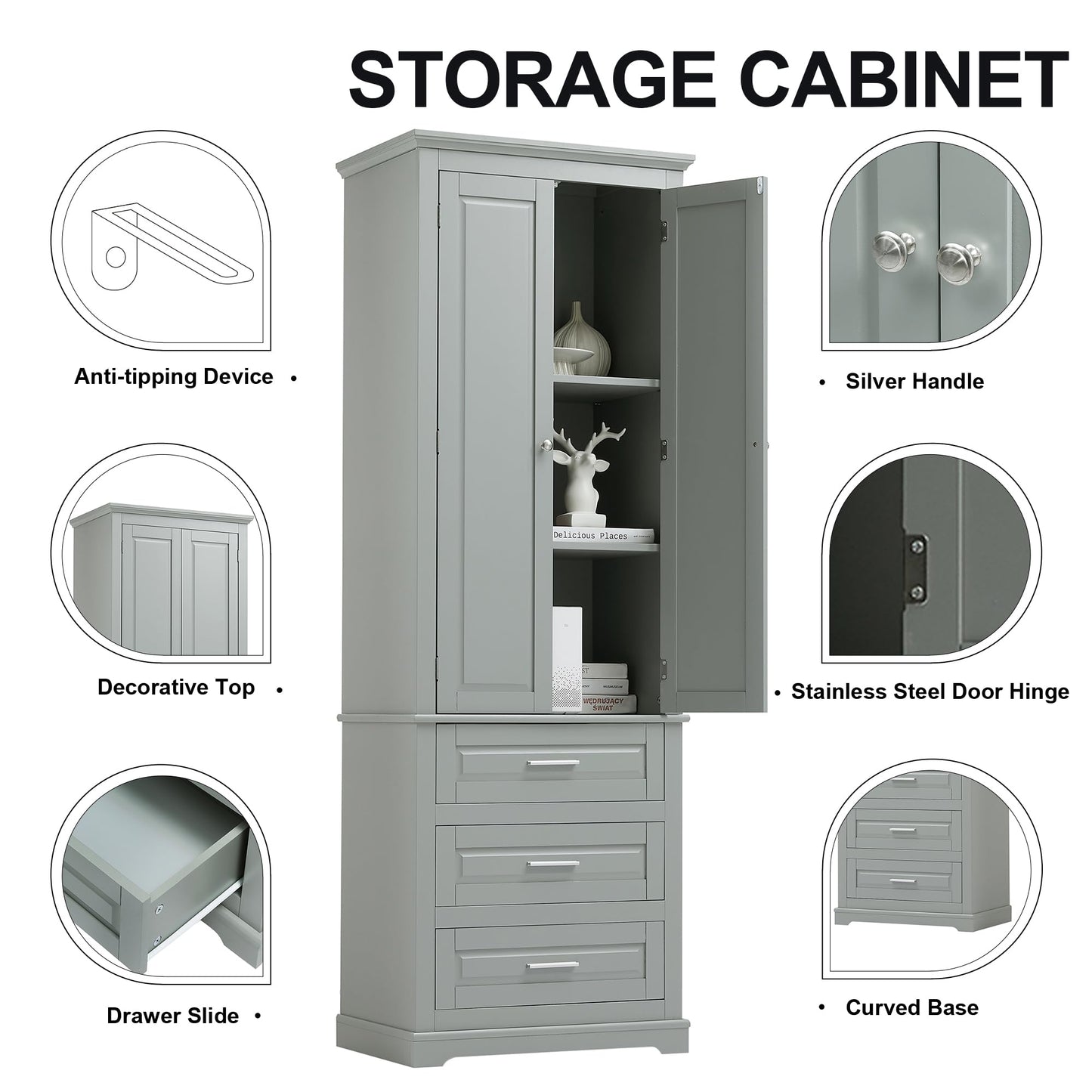 62.2" Wide Storage Cabinet Pantry Cupboard with Doors and Drawers for Home Kitchen, Bathroom and Living Room, Adjustable Shelf, White