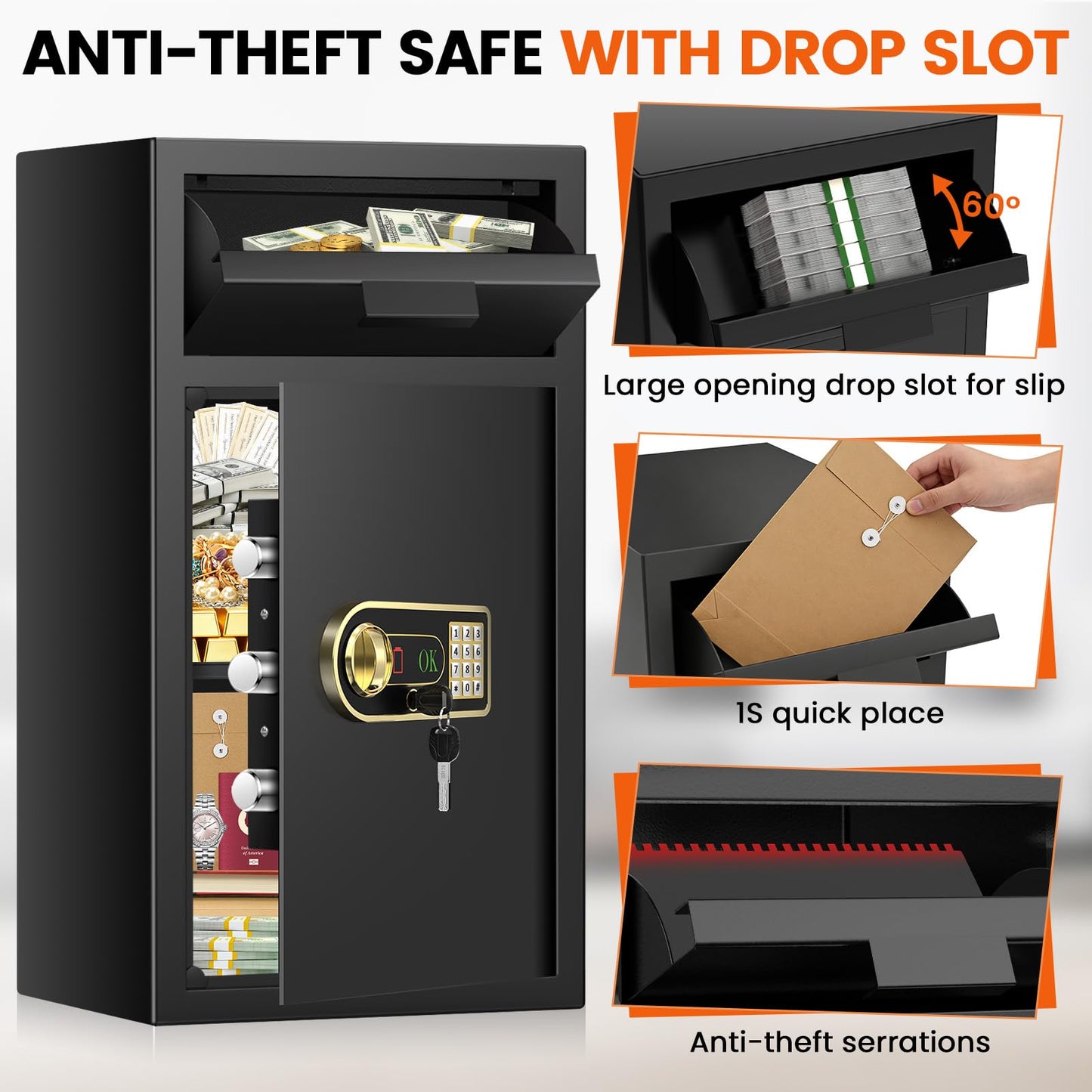 7.5 Cuft Large Commercial Drop Safe for Business, Anti-theft Depository Safe Box with Drop Slot, Digital Keypad, Spare Key and Removable Shelf, Heavy-duty Cash Drop Box Safe for Bars Office Retail