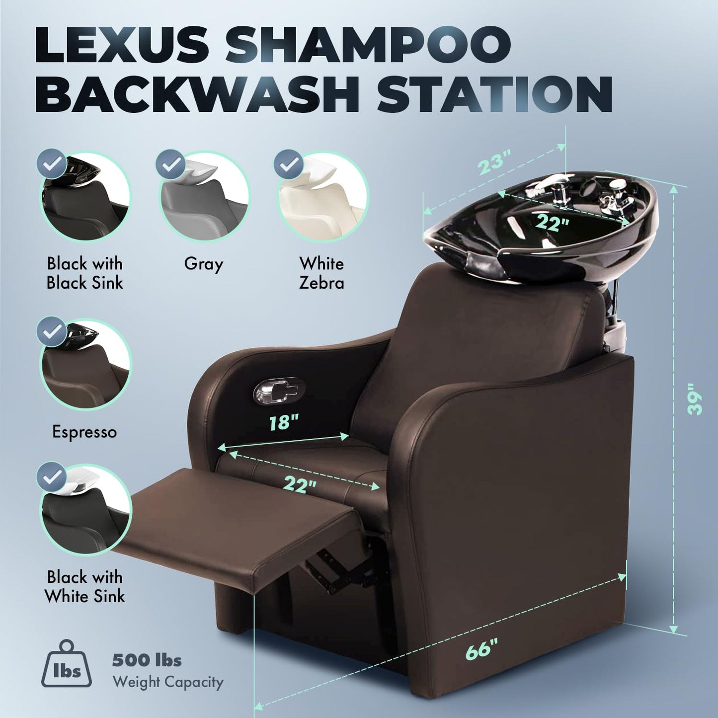 Buy-Rite Lexus Backwash Unit – Espresso Salon Shampoo Chair with Tilting Porcelain Bowl, Extra Wide Seat, Kick-Out Leg Rest, European-Style Faucet, Model TS-8018B