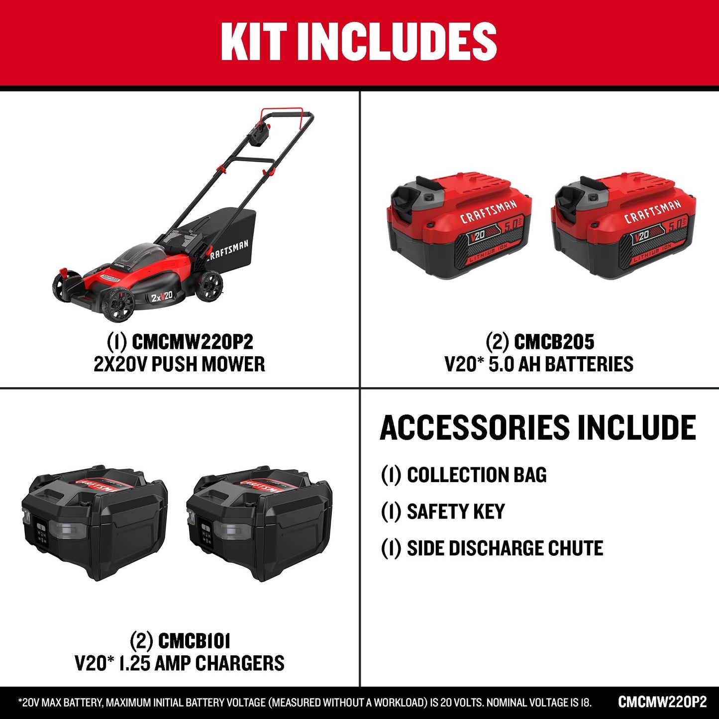 CRAFTSMAN V20 20 in Lawn Mower, 2 x 5Ah Batteries and 2 Chargers Included, High Effeciency Brushless Motor, Push Mower, Up to 50 Min of Runtime, Lightweight, Grass Bag, Low Profile (CMCMW220P2)