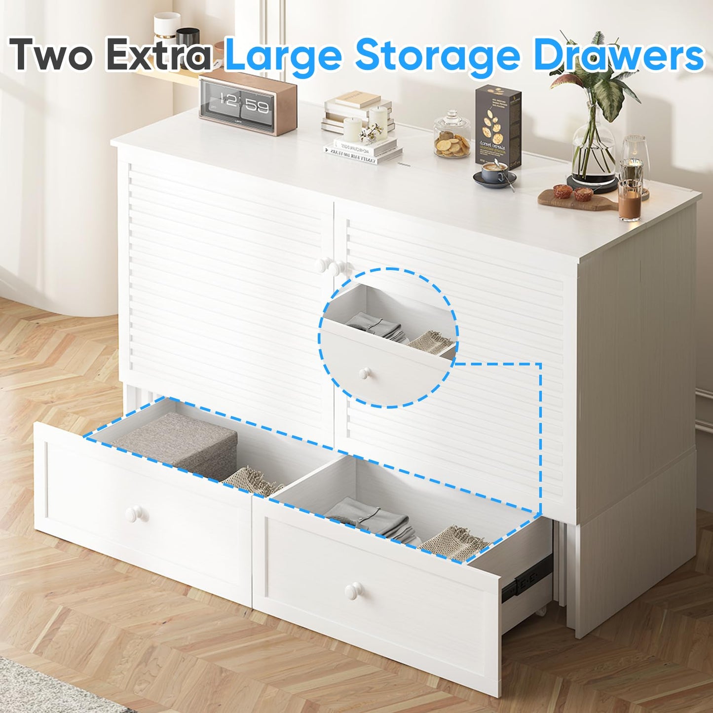 PUREMIND Queen Murphy Bed with Mattress Included, Murphy Bed Cabinet with Storage Drawer, Charging Station, Headboard, Space Saving Wall Beds for Guest Room
