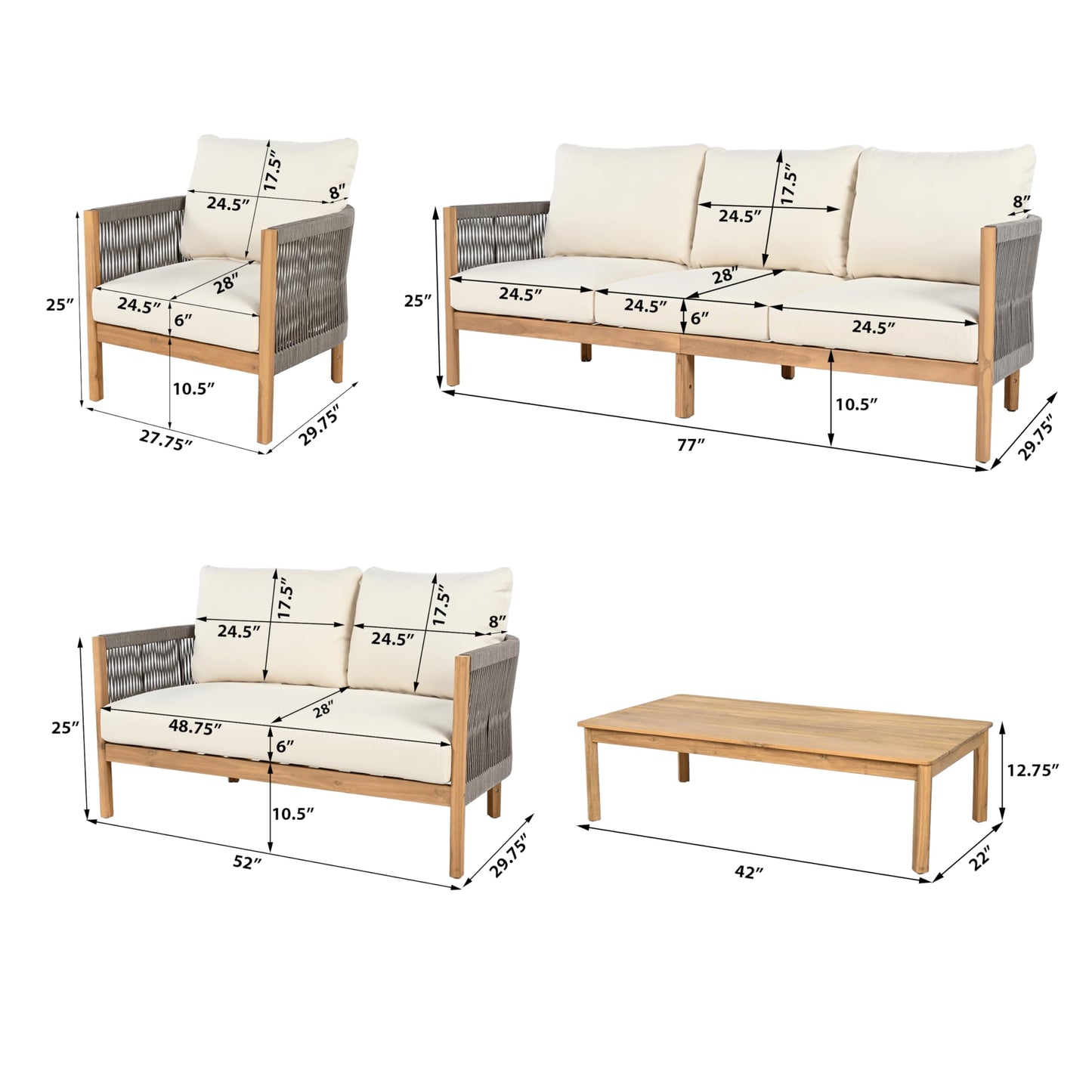 Christopher Knight Home Havets 5 Pieces Outdoor Acacia Furniture Set, Woven Rope Loveseat and Accent Club Chairs, 6" Thick Cushions Sofa and Coffee Table Set for Backyard Garden Balcony, Gray+Beige
