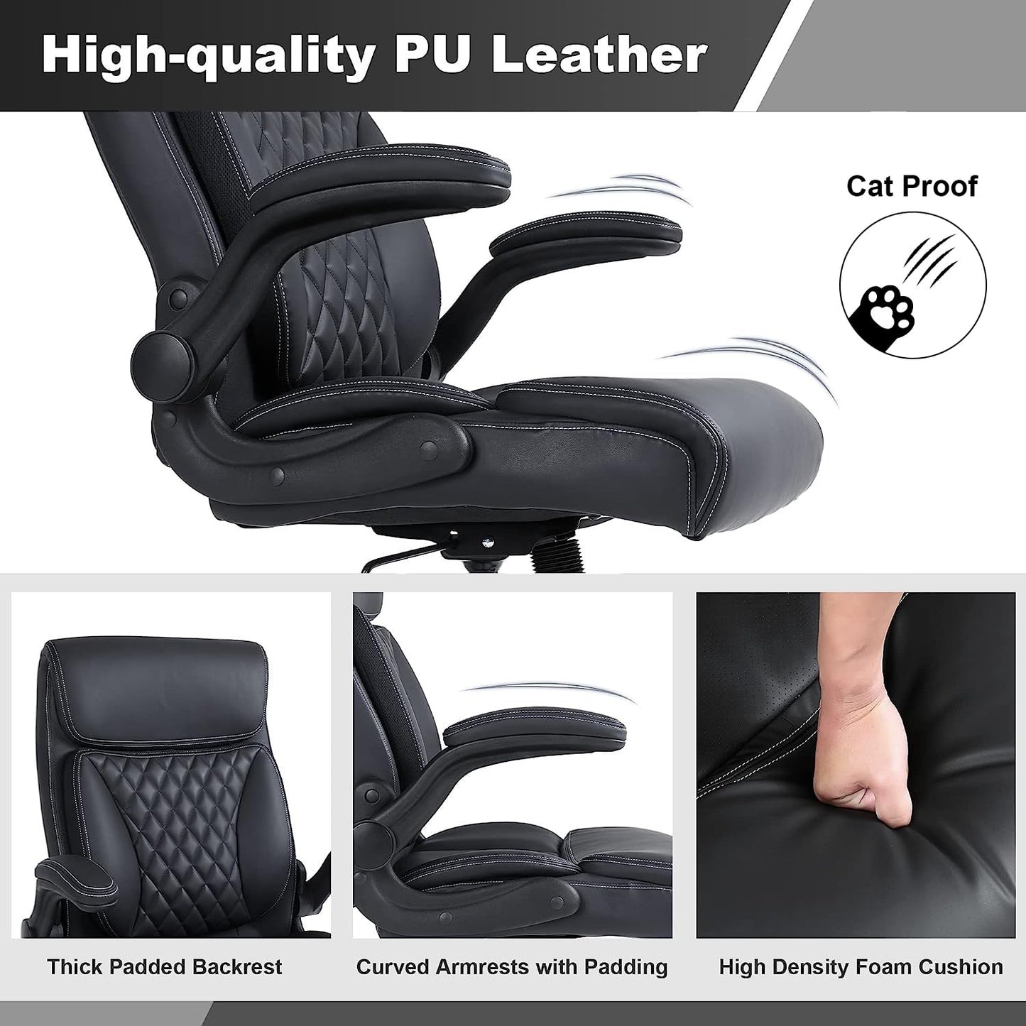 Youhauchair Executive Office Chair, Ergonomic PU Leather Computer Desk Chair with Lumbar Support, Flip-up Armrests and Adjustable Height, for Home Office, Black