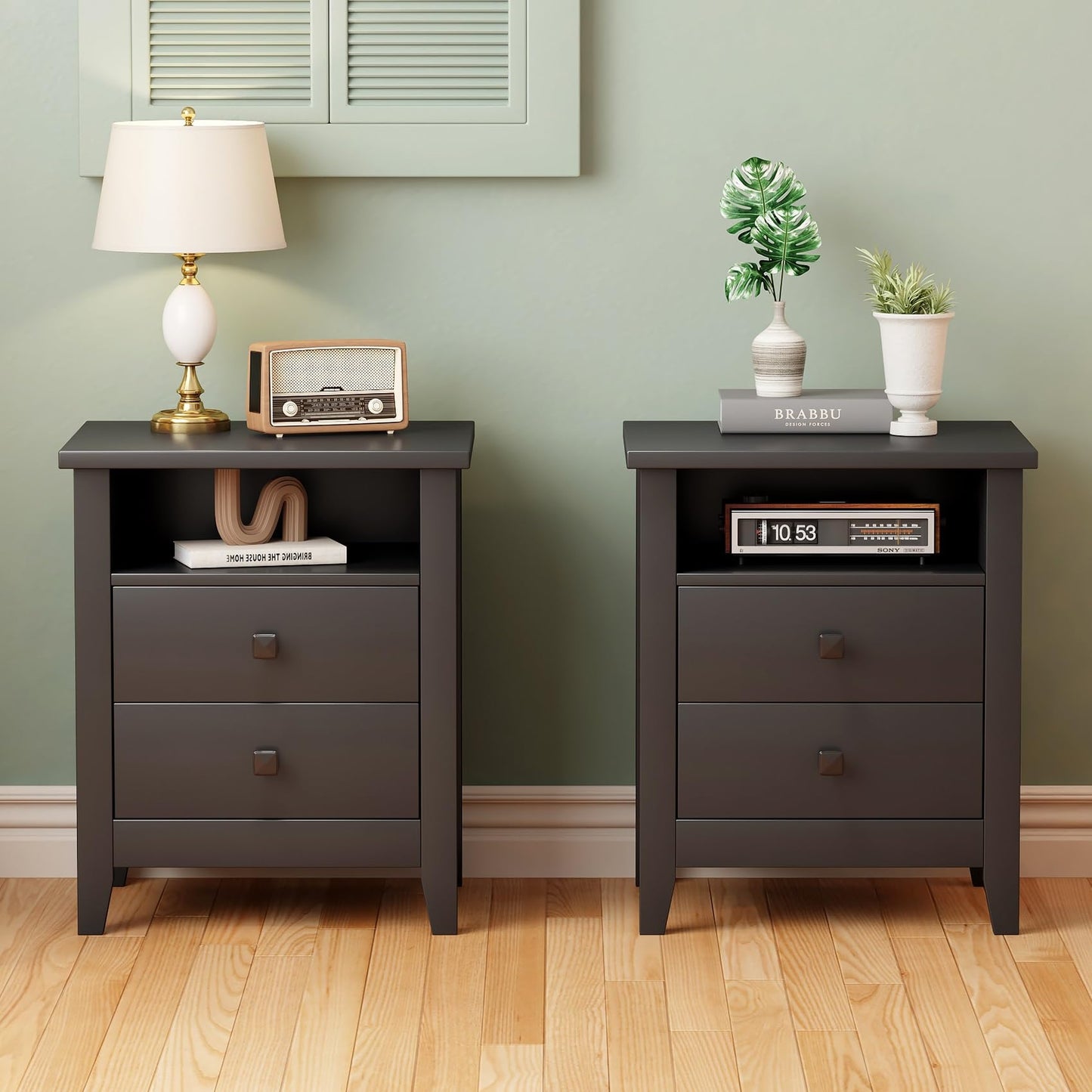 JSB Farmhouse Nightstand Set of 2, Night Stand with 2 Drawers,Open Shelf, End Table/Bed Side/Side Table for Bedroom, Kids Room, Living Room (Black, 18.7" W x 15" D x 23.8" H (2 Drawers))