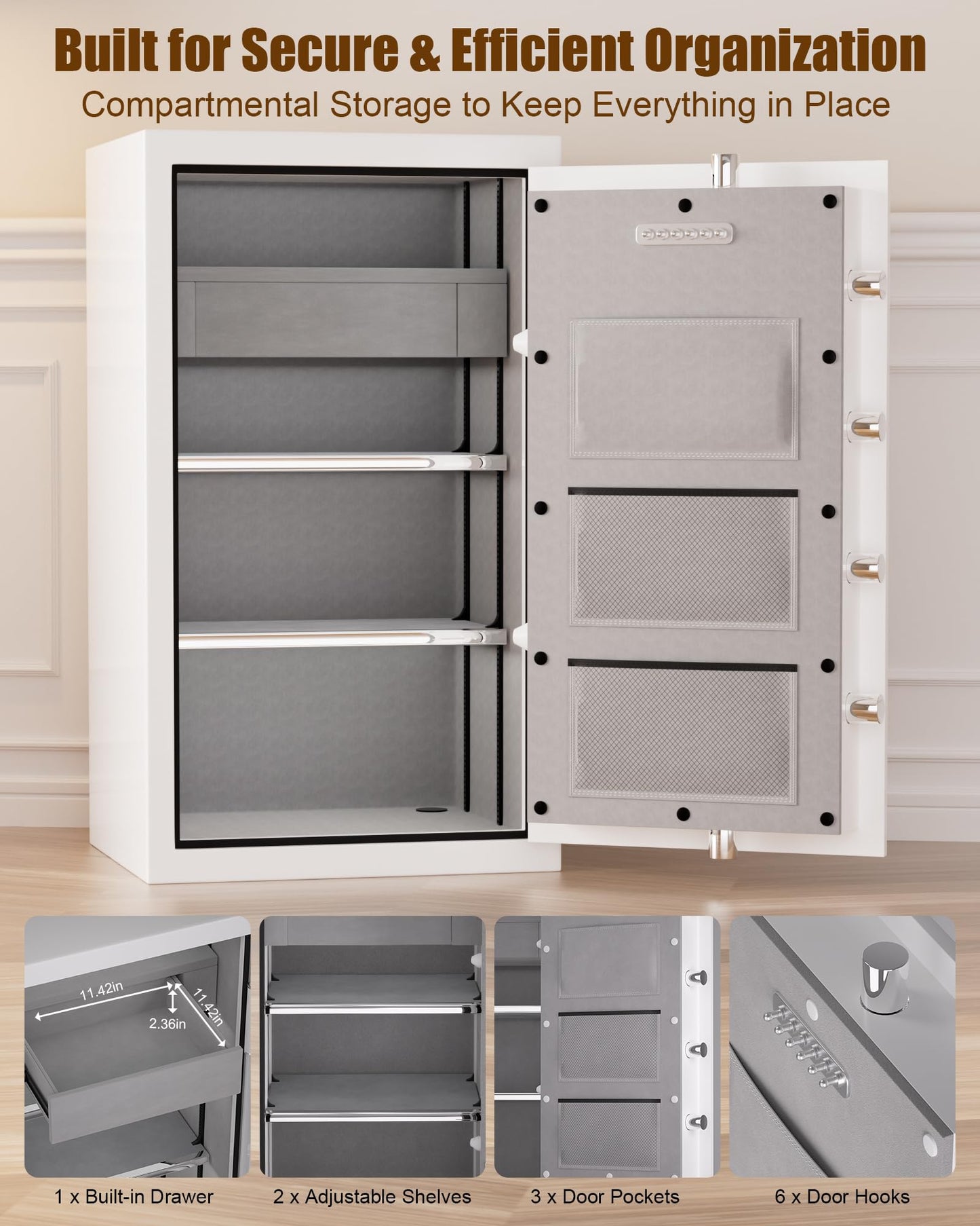 TIGERKING 8.78 Cu Ft Large White Fireproof Waterproof Home Safe, Jewelry Closet Floor Safe for Valuables, Heavy Duty Steel Security Safes with Digital Lock, Drawer and Adjustable Shelves