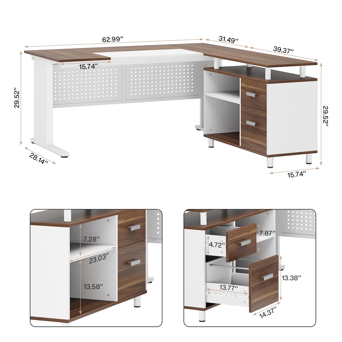 Tribesigns 63 Inch Executive Desk with File Cabinet, L Shaped Office Desk with Drawers and Storage Shelves, Business Furniture Set Workstation for Home Office, White and Walnut
