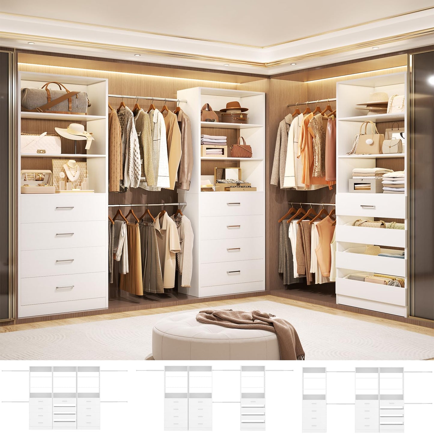 Aheaplus Closet System with 12 Drawers, 8.5-11.5Ft Wood Closet Organizer System with 4 Hanging Rods & 3 Towers, 4Ft & 6Ft L-Shaped Walk-in Closets Wardrobe Organizer Clothes Rack, Set of 3, White1