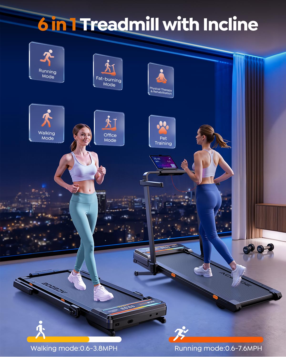 Foldable Walking Pad with 0-15% 9-Levels Auto Incline and Handle Bar, Under Desk Treadmill with 300LBS Weight Capacity, 3.0HP Quiet Treadmills for Home with Speaker, APP & Remote Control - Blue Orange