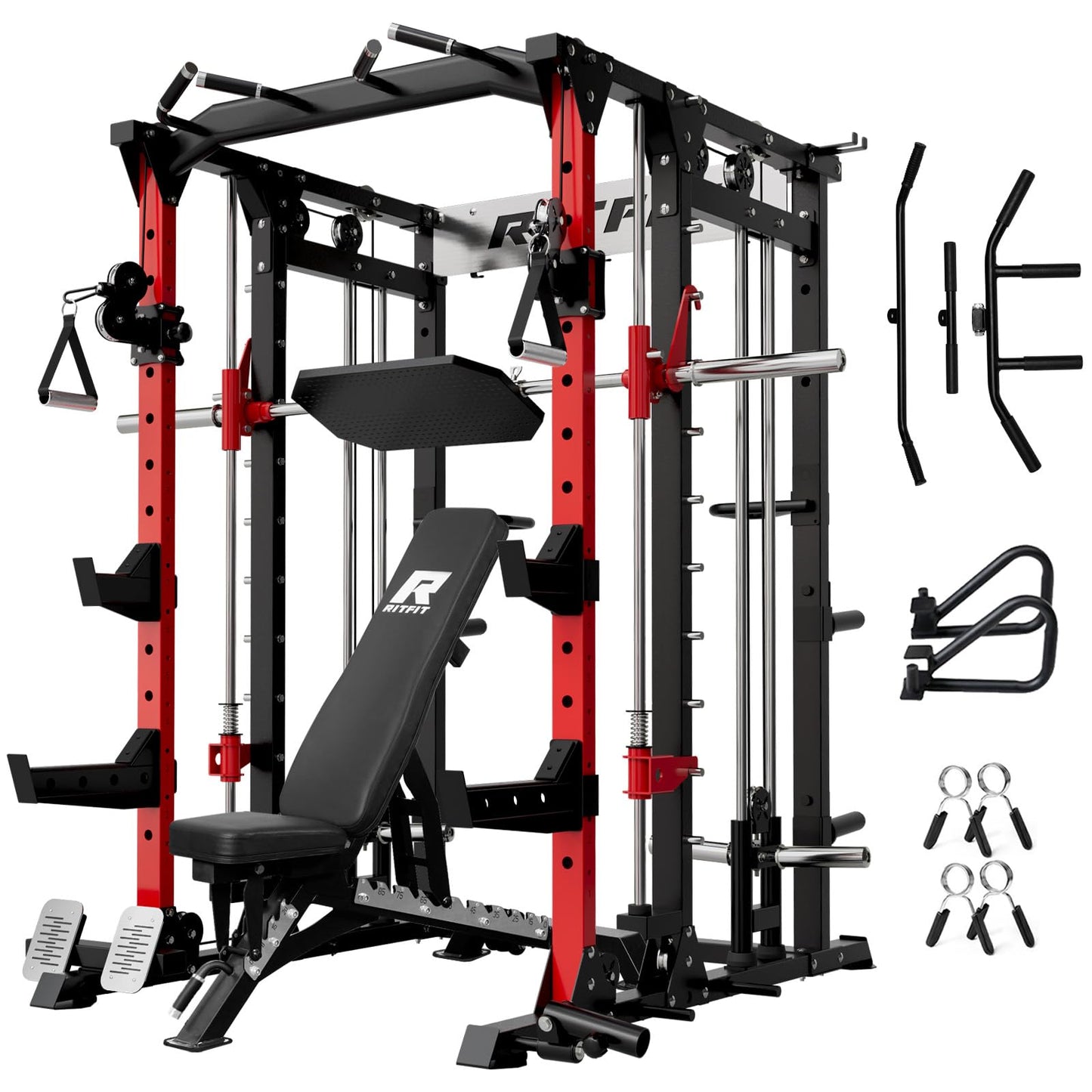 RitFit Buffalo Smith Machine, Power cage with LAT-Pull Down System & Cable Crossover System, All-in-One Squat Rack for Home Gym, Power Rack