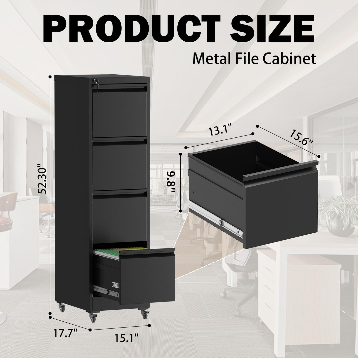 FOSTOKO File Cabinet with Lock, 4 Drawers Filing Cabient with Wheel, Steel Vertical Filing Storage Cabinet for Home Office, Heavy-Duty File Cabinets for Letters/Legal/A4 (Require Assembly, Black)