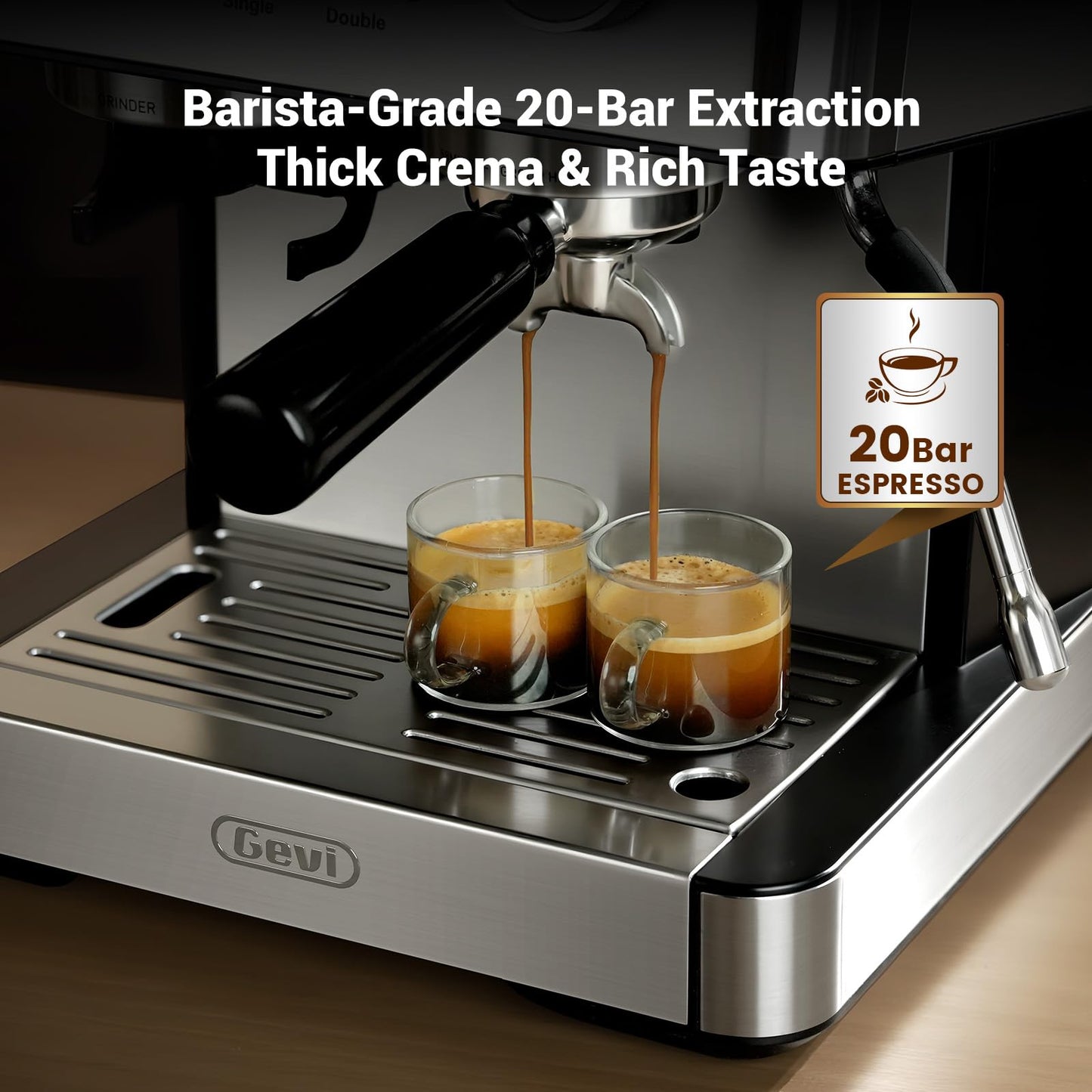 Gevi 20 Bar Espresso Machine with Built-in Grinder & Milk Frother | Professional Coffee Maker for Home | Cappuccino, Latte, 2.3L Removable Water Tank, Stainless Steel Steam Wand