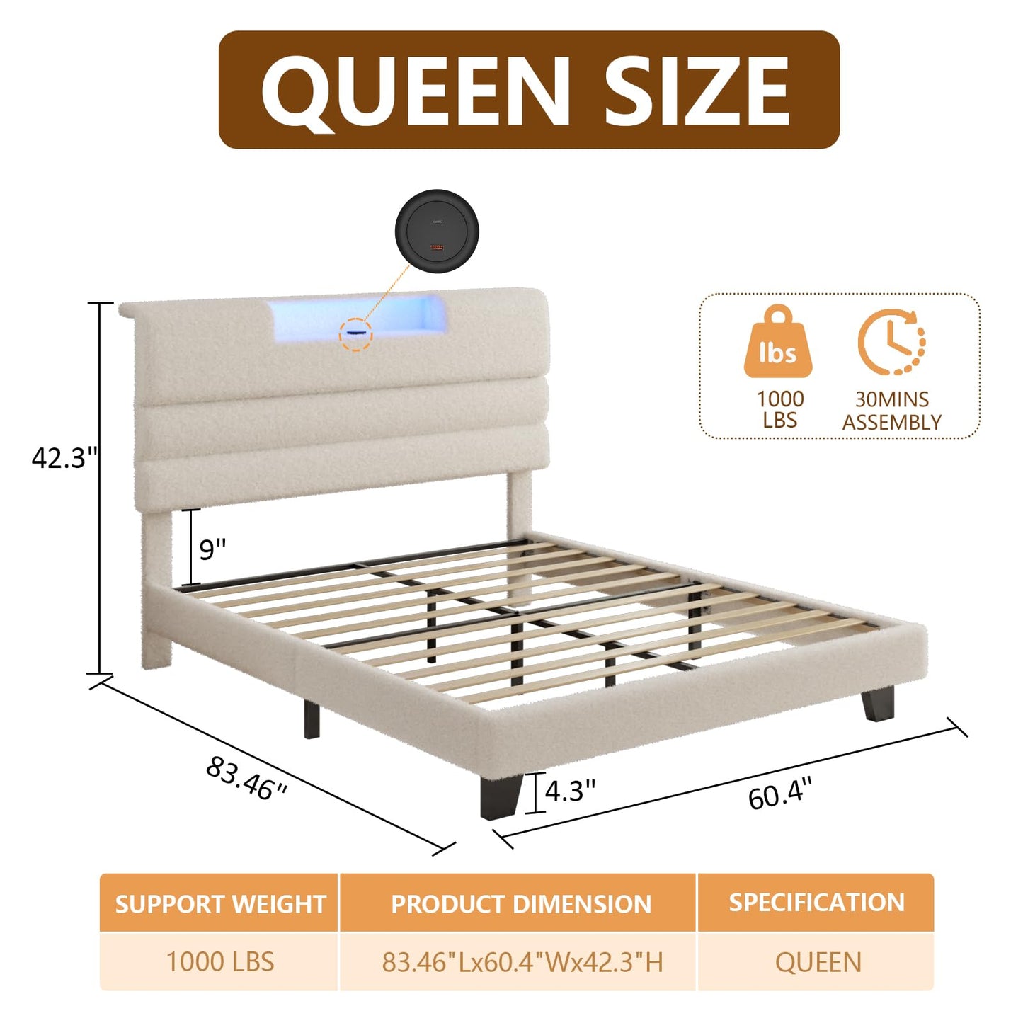 Queen Bed Frame with Upholstered Headboard, Boucle Platform Bed Frame with LED Lights and Charging Station, Type C& 2-Tier Storage Shelves, Modern Bedroom Furniture, No Box Spring Needed, Beige