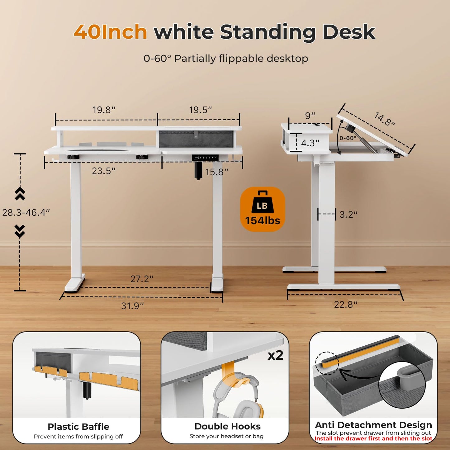 40 Inch Standing Desk, 60° Tiltable Electric Drafting Table Height Adjustable, Foldable Mobile Rising Desk with Drawer, Storage Shelf, Flippable Art Table on Wheels for Kids’ Drawing, White
