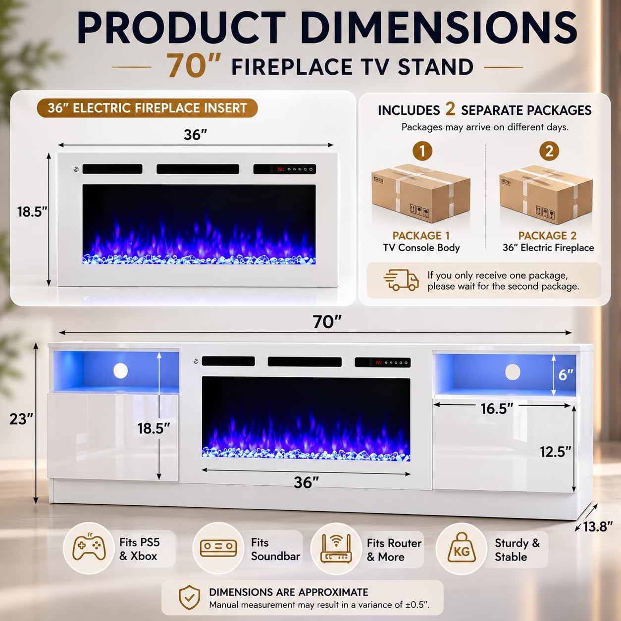 OneBlis 70" Fireplace TV Stand for TVs Up to 80",Entertainment Center with 36” Electric Fireplace and 12 Colors LED Lights,Large TV Console with Storage Cabinet for Living Room,All White