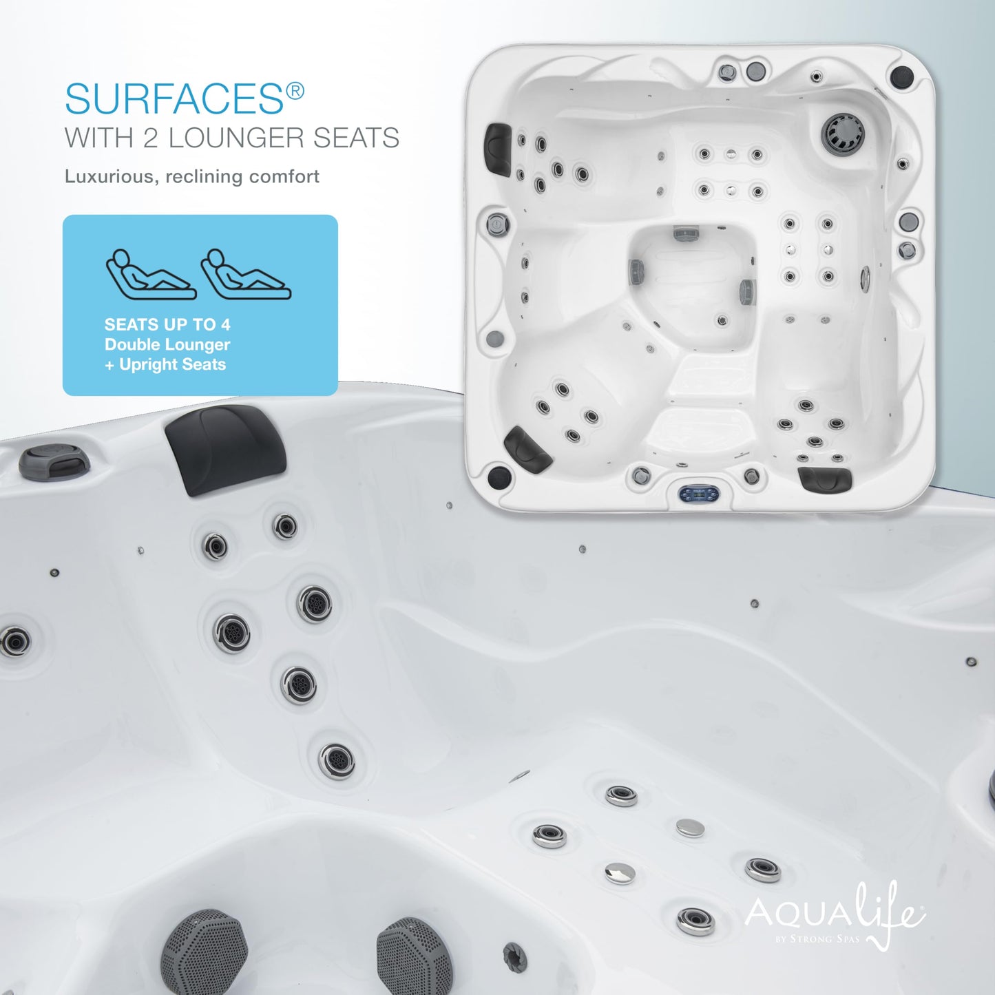 Surfaces Outdoor Hot Tub, Fits 4 Adults, 36 Jets, Double Lounger Seat Spa, Bluetooth, LED Lights, Cover Included, Wellness Tool, Aqualife by Strong Spas
