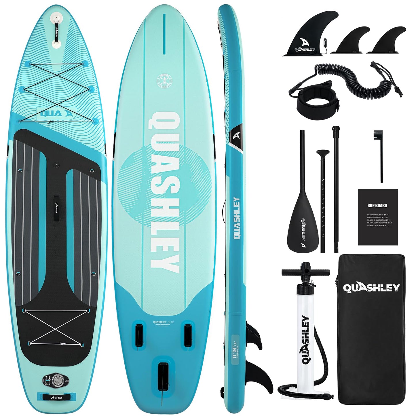 Quashley Inflatable Stand Up Paddle Board - All-Round SUP for Yoga,Fishing,Touring | Portable,Stable,Lightweight with Non-Slip Deck & Paddle for Beginners & Family Fun Green Waves