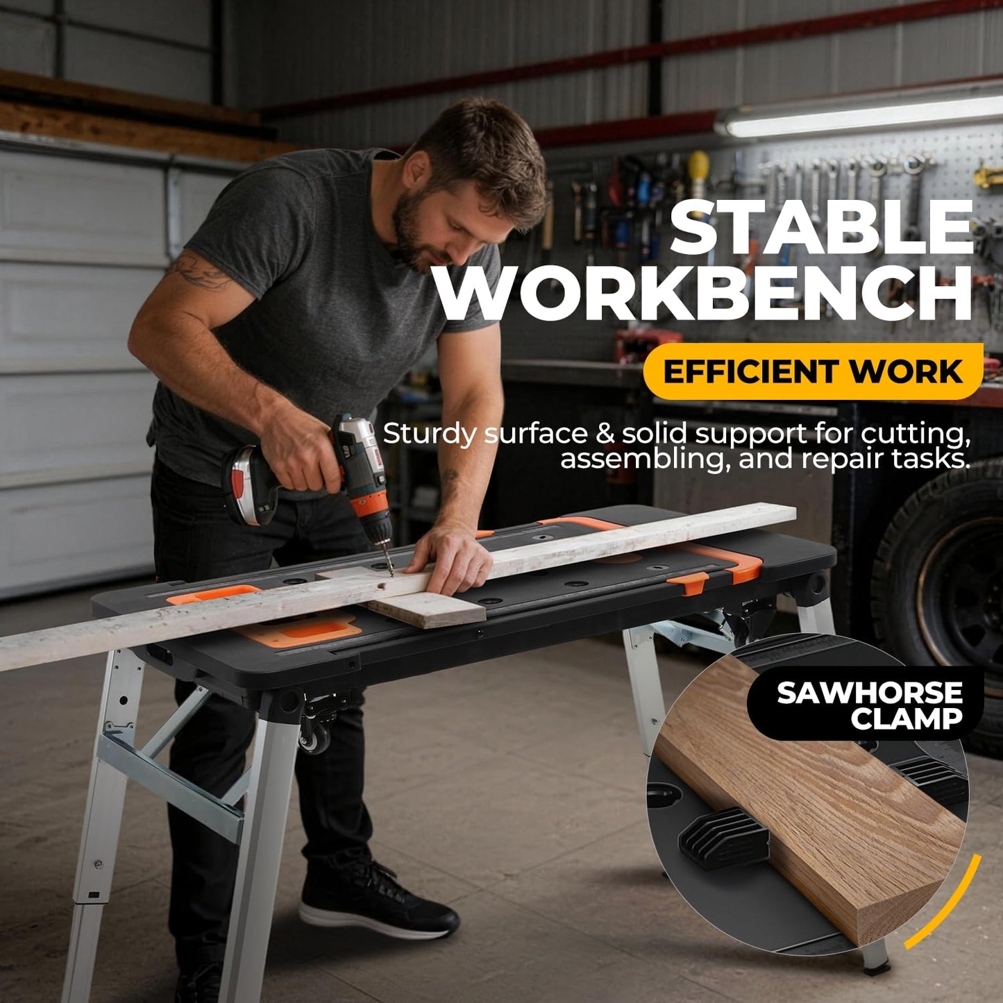 Auto Dynasty 7-in-1 Folding Workbench Portable Table Car Creeper with 4 Wheels for DIY Station, Garage, Repair Shop, as Dolly, Scaffold, Platform, Sawhorse, and Hand Truck, Height Adjustable 440 lbs