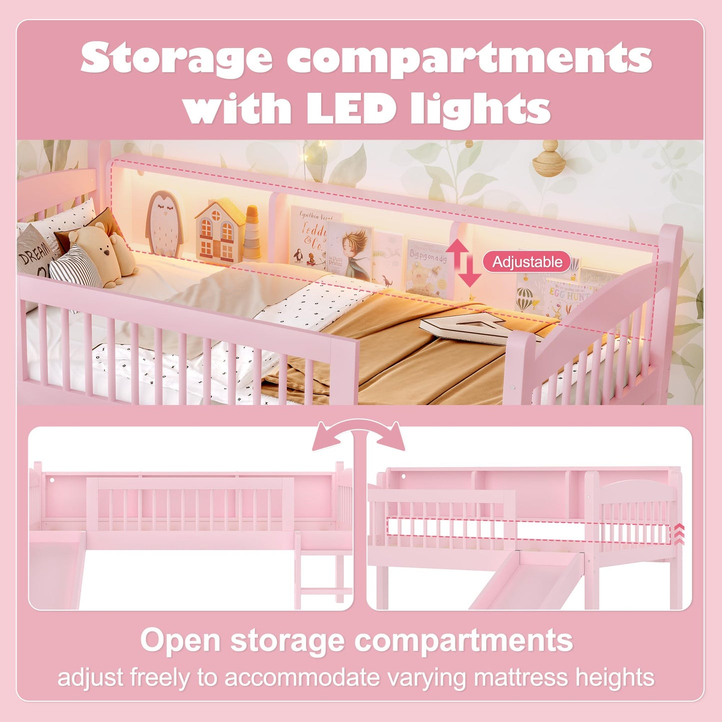 Bellemave Twin XL Loft Bed with Slide and Ladders, Solid Wood Low Loft Bed with Storage Shelves and LED Lights, Loftbed Frame for Kids, Boys, Girls, Childlike and No Box Spring Needed Design, Pink