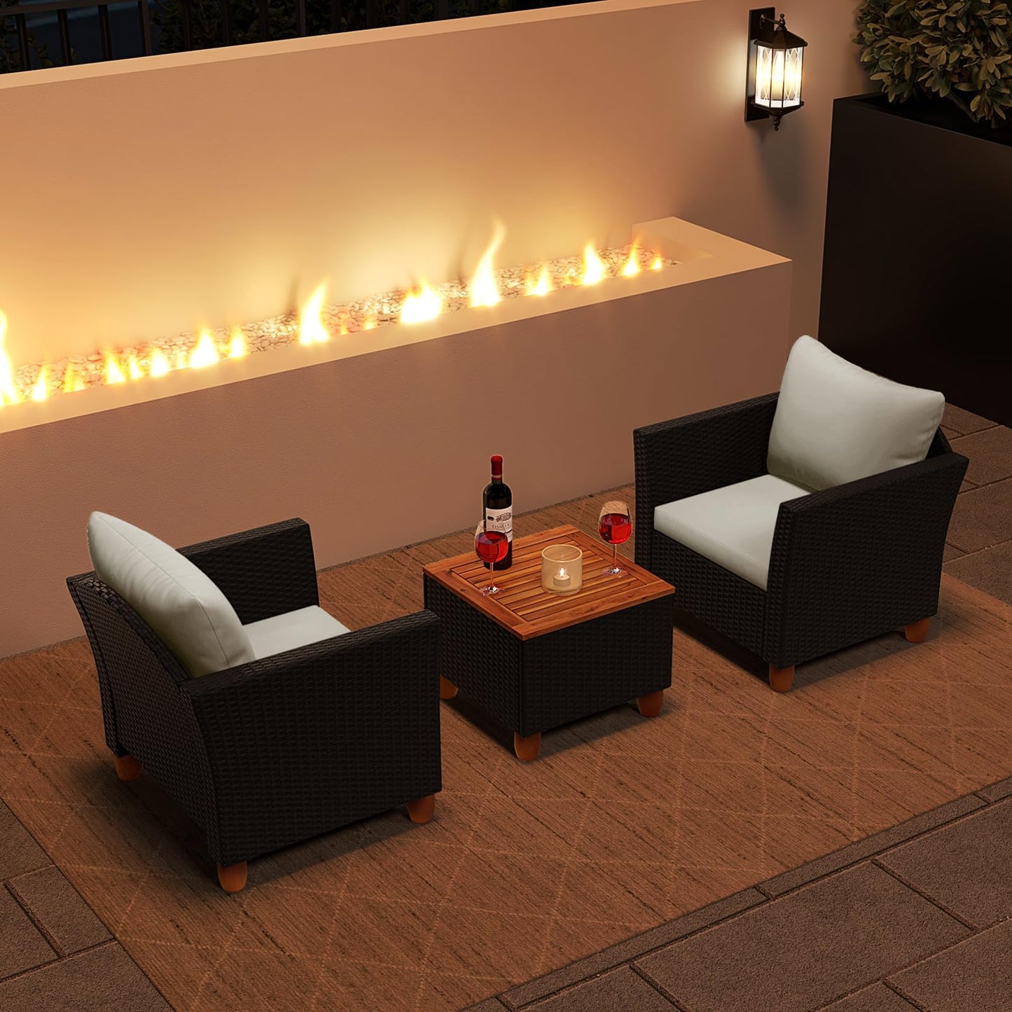 Tangkula 3 Pieces Patio Porch Furniture Set, PE Rattan Wicker Chair Conversation Set with Cushions and Storage Table, Outdoor Acacia Wood Bistro Set for Garden, Poolside (White)